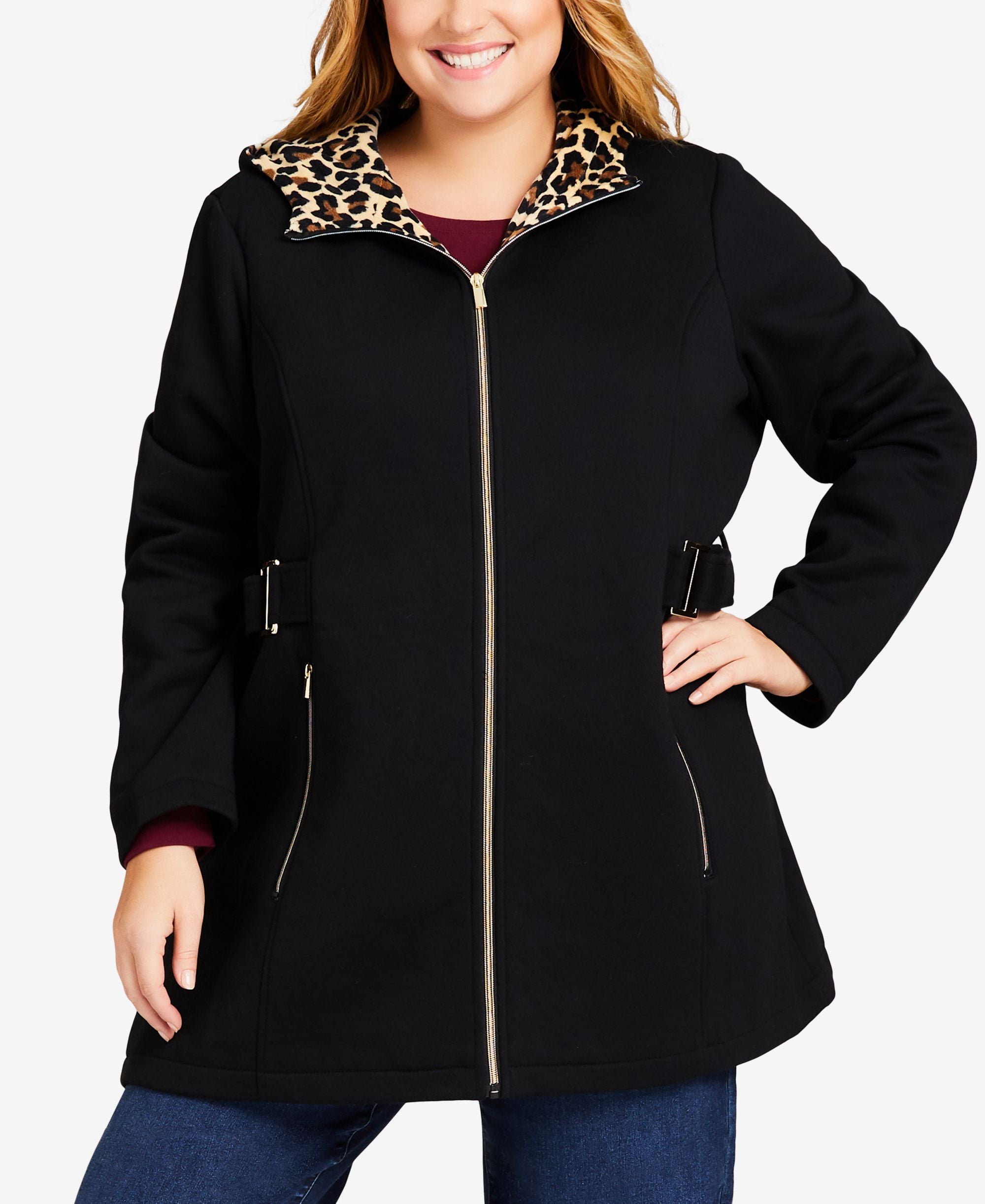 Plus Size Side Tab Leopard Print Fleece Coat