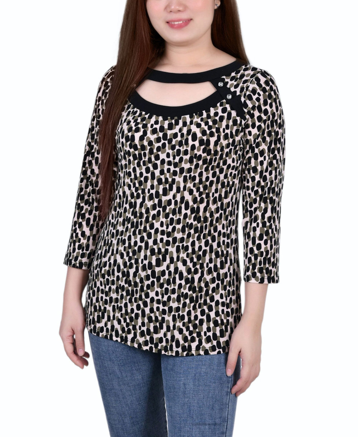 NY Collection Petite 3/4 Sleeve With Combo Bands Front Cutout Top