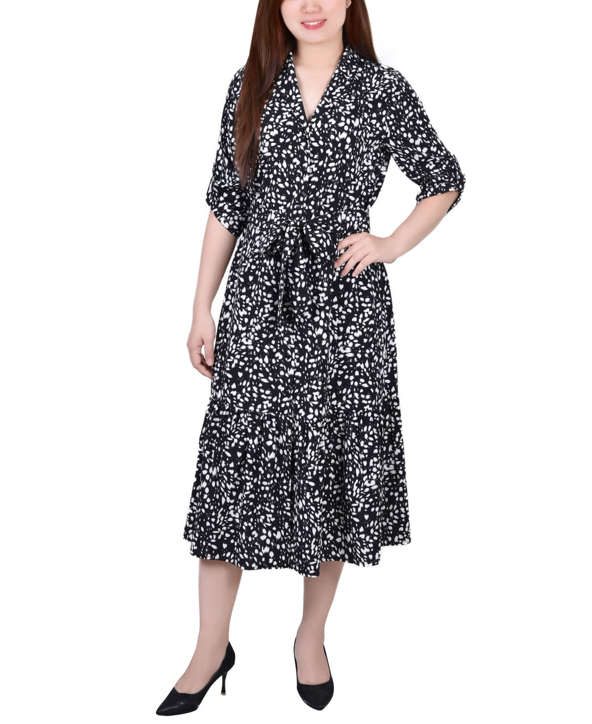 NY Collection Petite Long Sleeve Tiered Dress With Belt