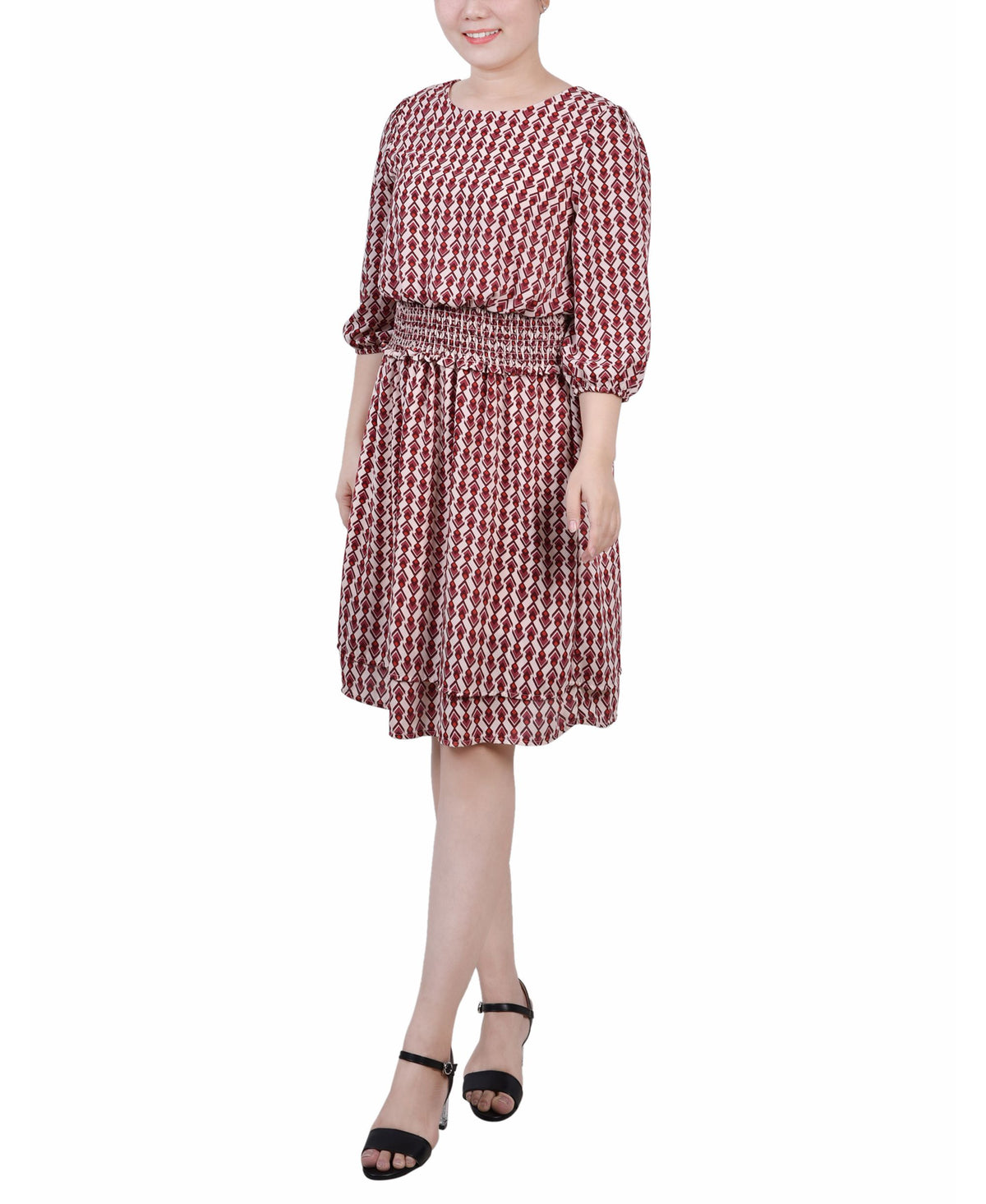 Petite Size 34 Sleeve Dobby Smocked Waist Dress