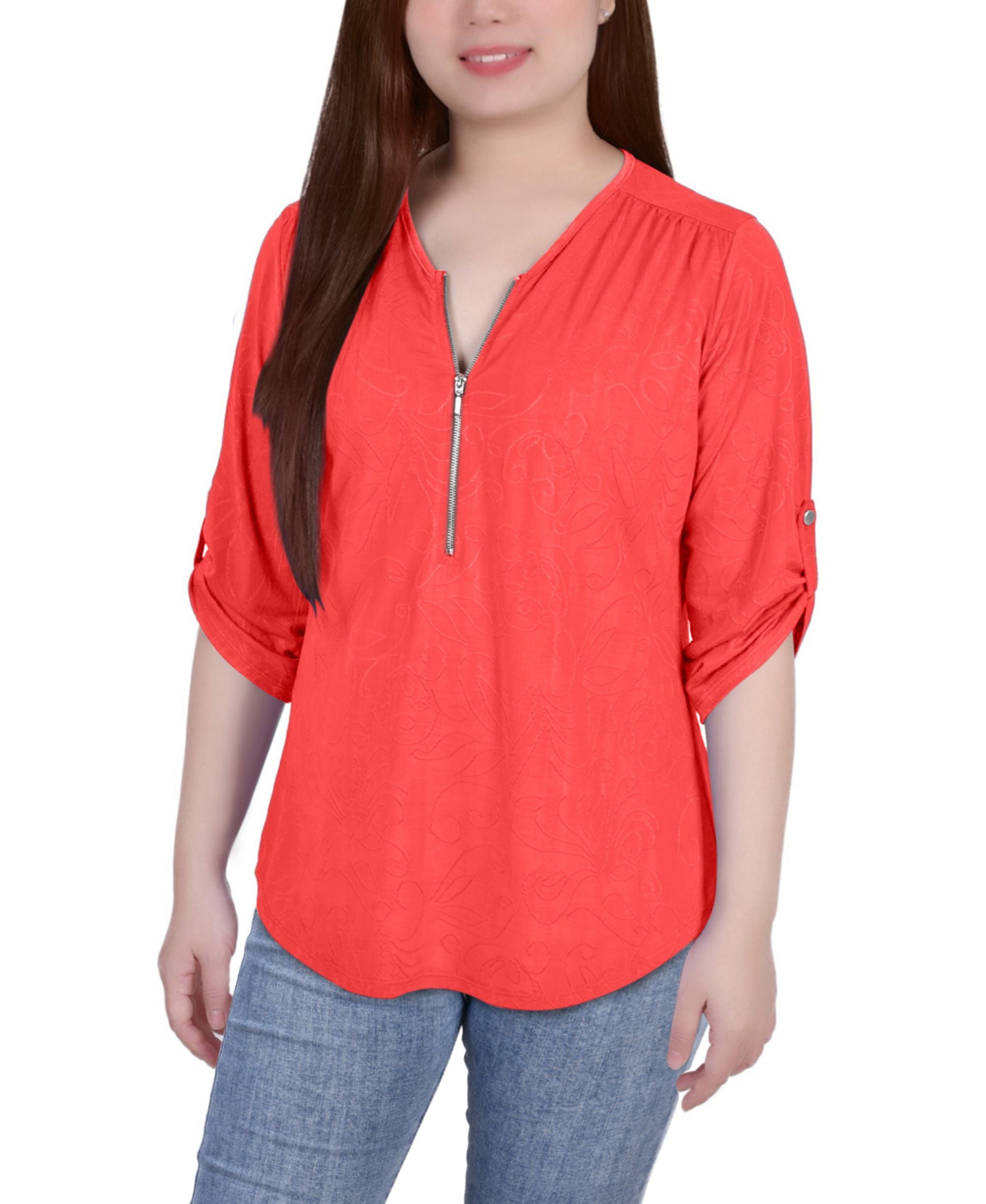 NY Collection Petite 3/4 Roll Tab Zip Front Jacquard Knit Top