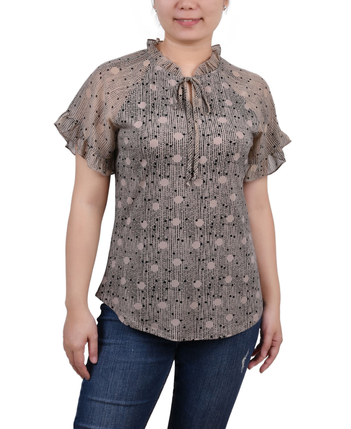NY Collection Petite Chiffon Short Ruffled Sleeve Crepe Knit Top