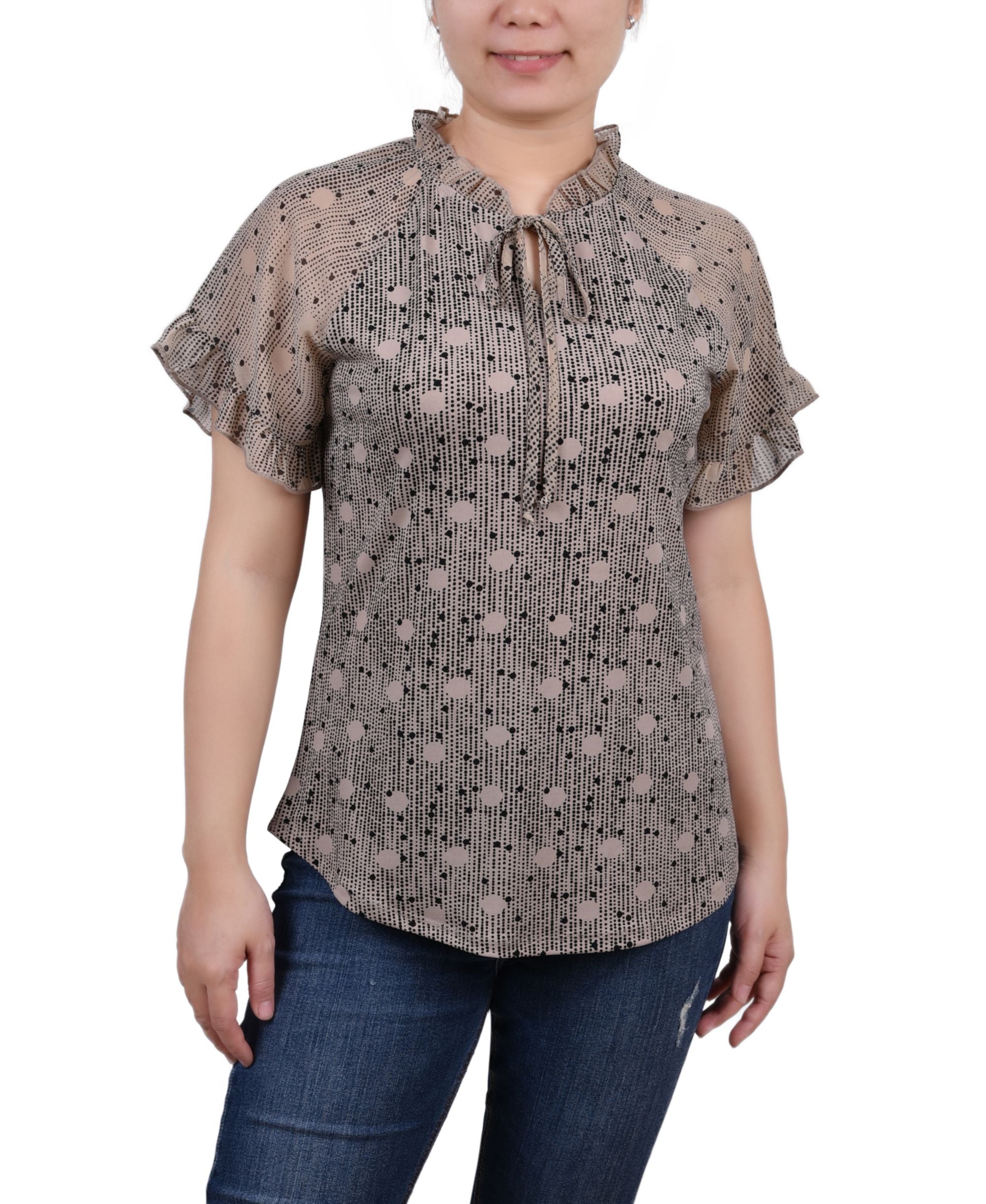 NY Collection Petite Chiffon Short Ruffled Sleeve Crepe Knit Top