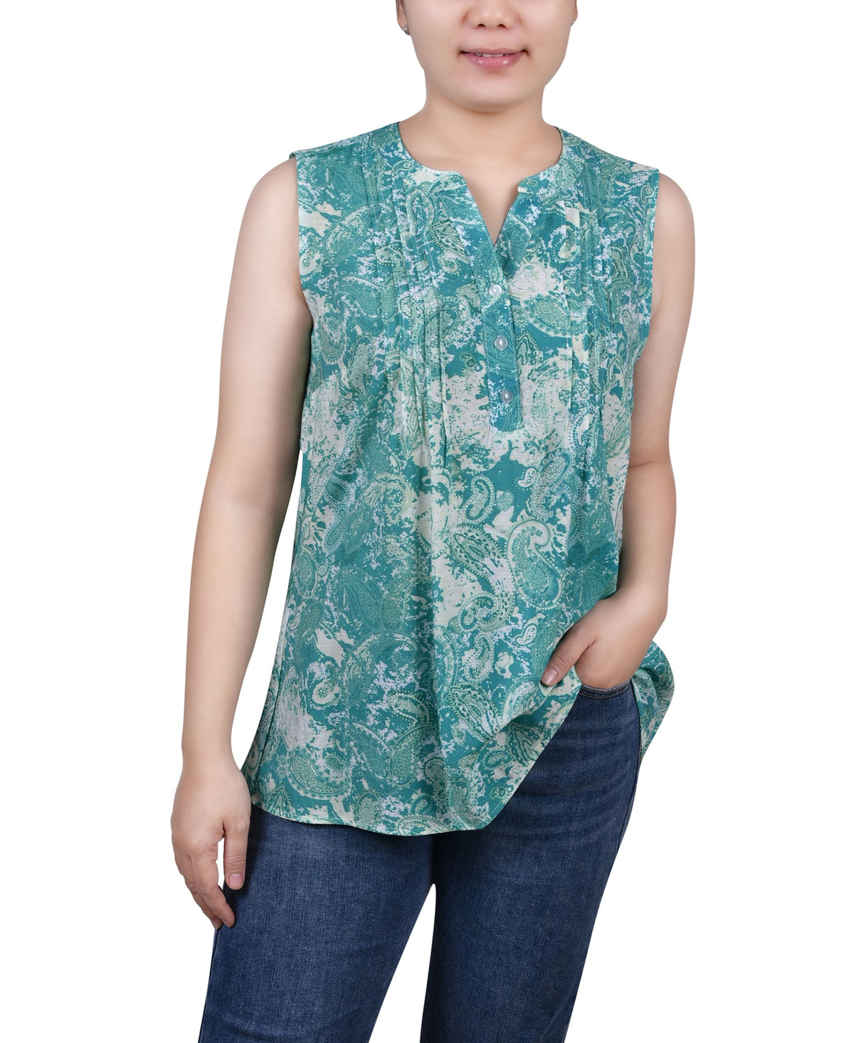 NY Collection Petite Sleeveless Pintucked Blouse