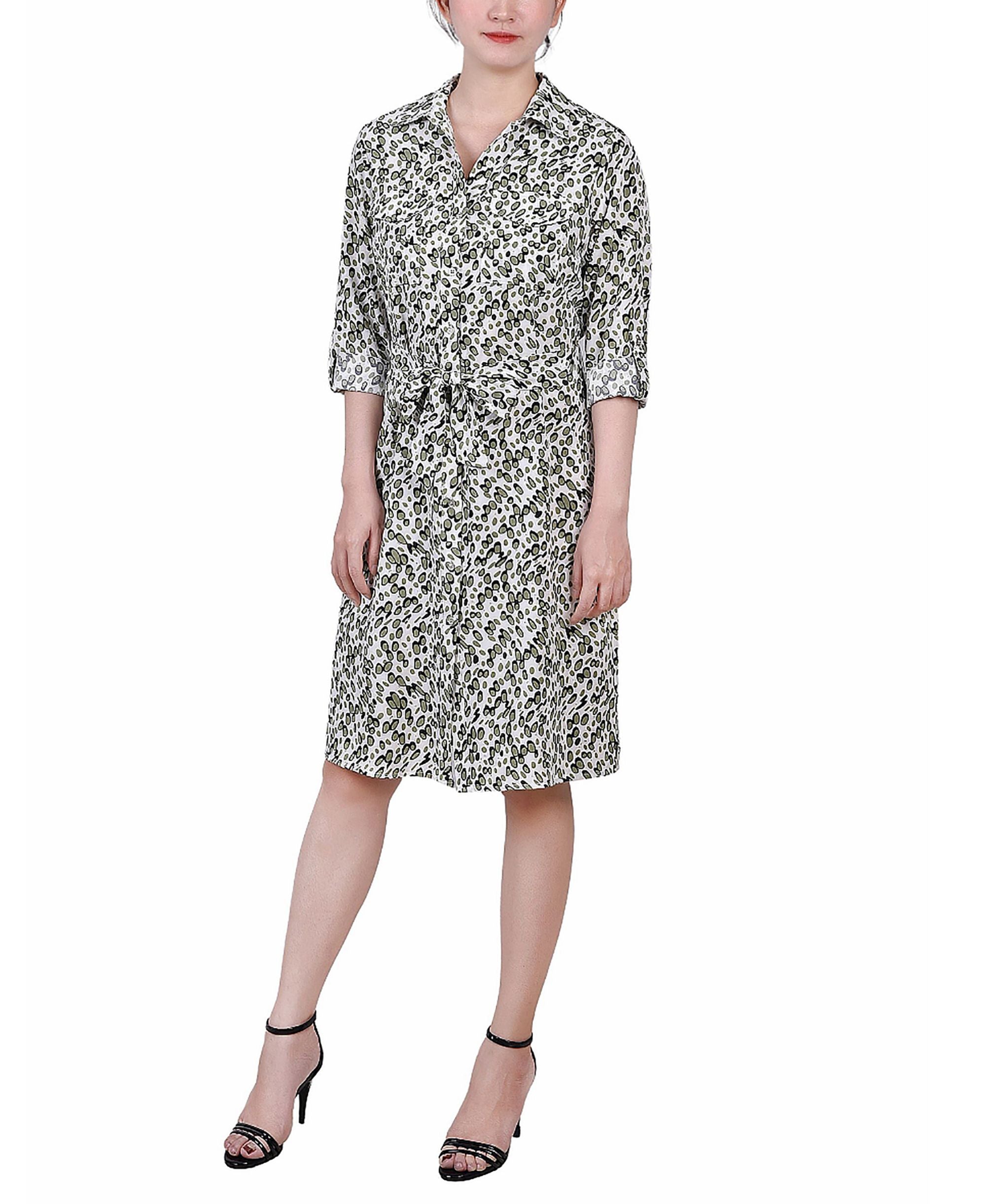 Petite Printed Long Sleeve Roll Tab Shirtdress