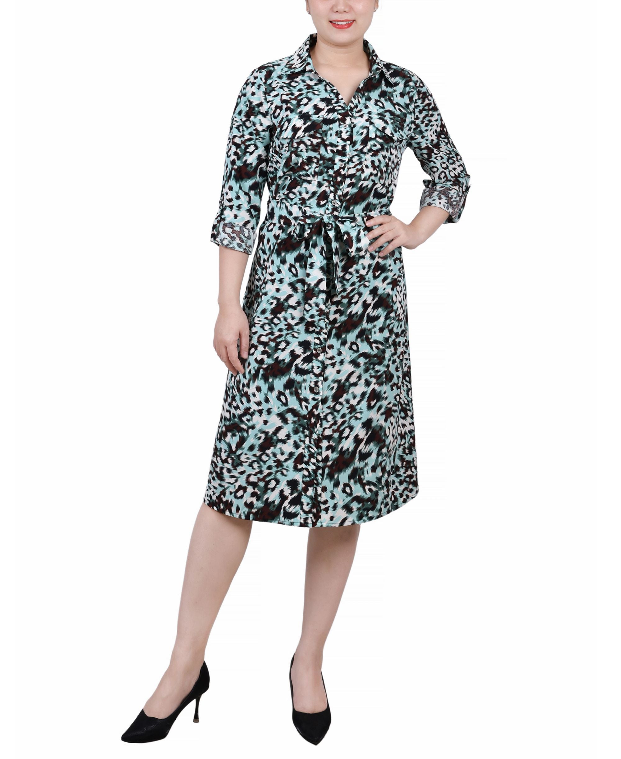Petite Printed Long Sleeve Roll Tab Shirtdress