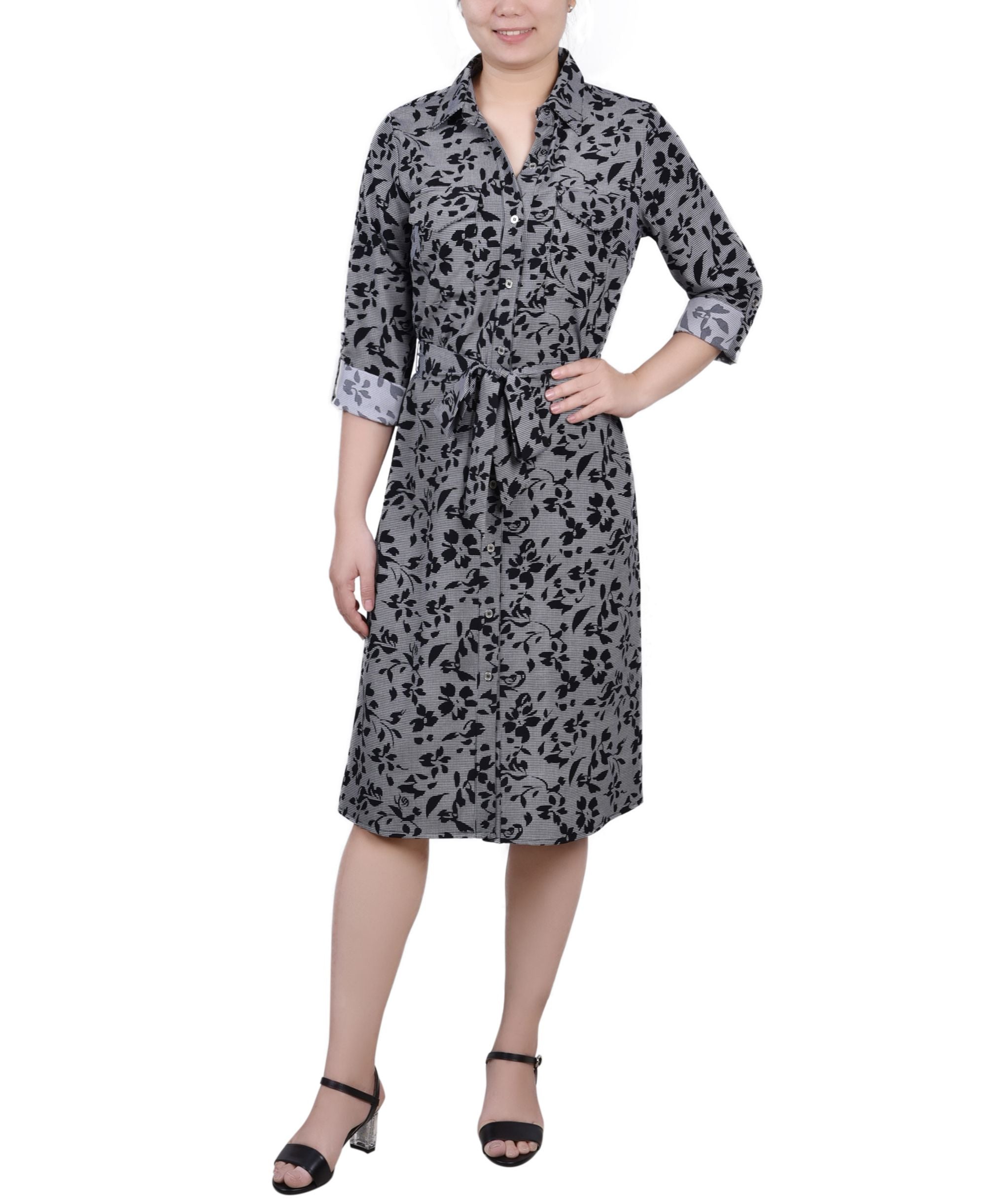 Petite Printed Long Sleeve Roll Tab Shirtdress