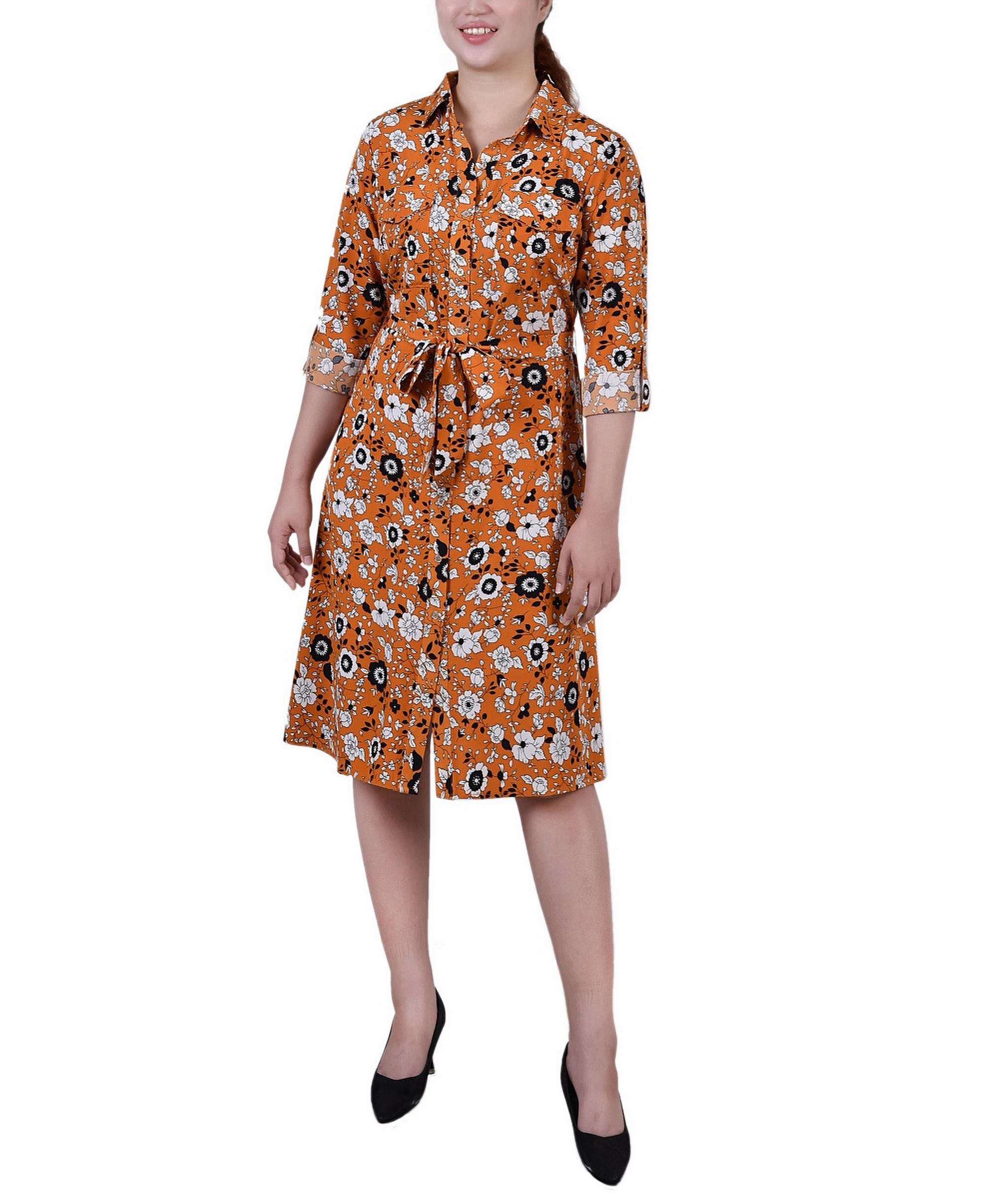 Petite Printed Long Sleeve Roll Tab Shirtdress