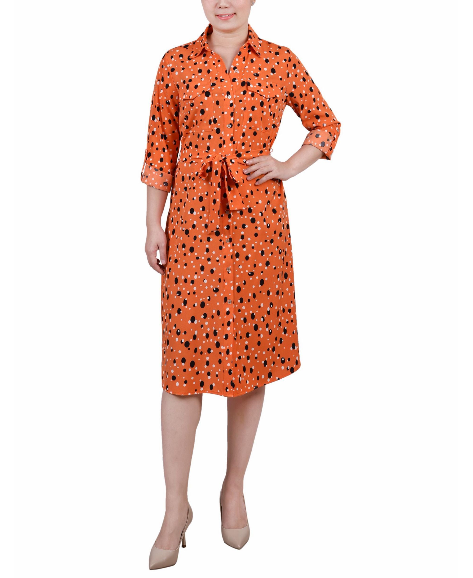 Petite Printed Long Sleeve Roll Tab Shirtdress