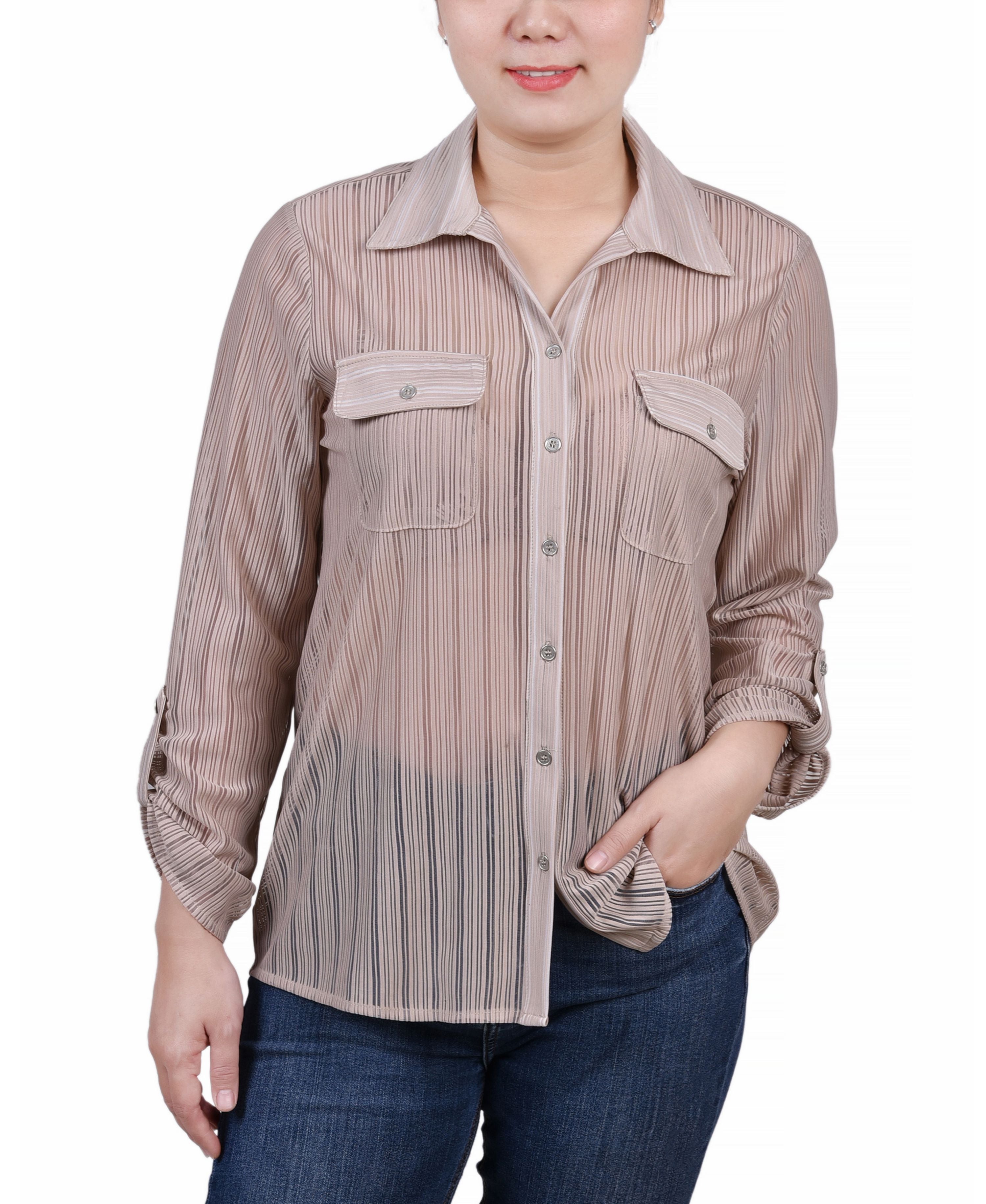 Petite Long Roll Tab Sleeve Burnout Knit Top