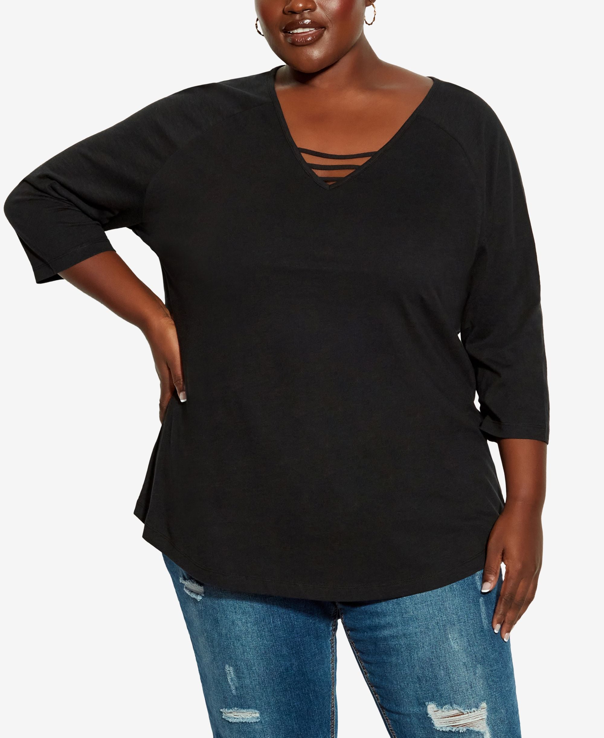 Plus Size 3 Bar 3/4 Sleeve Plain Tee