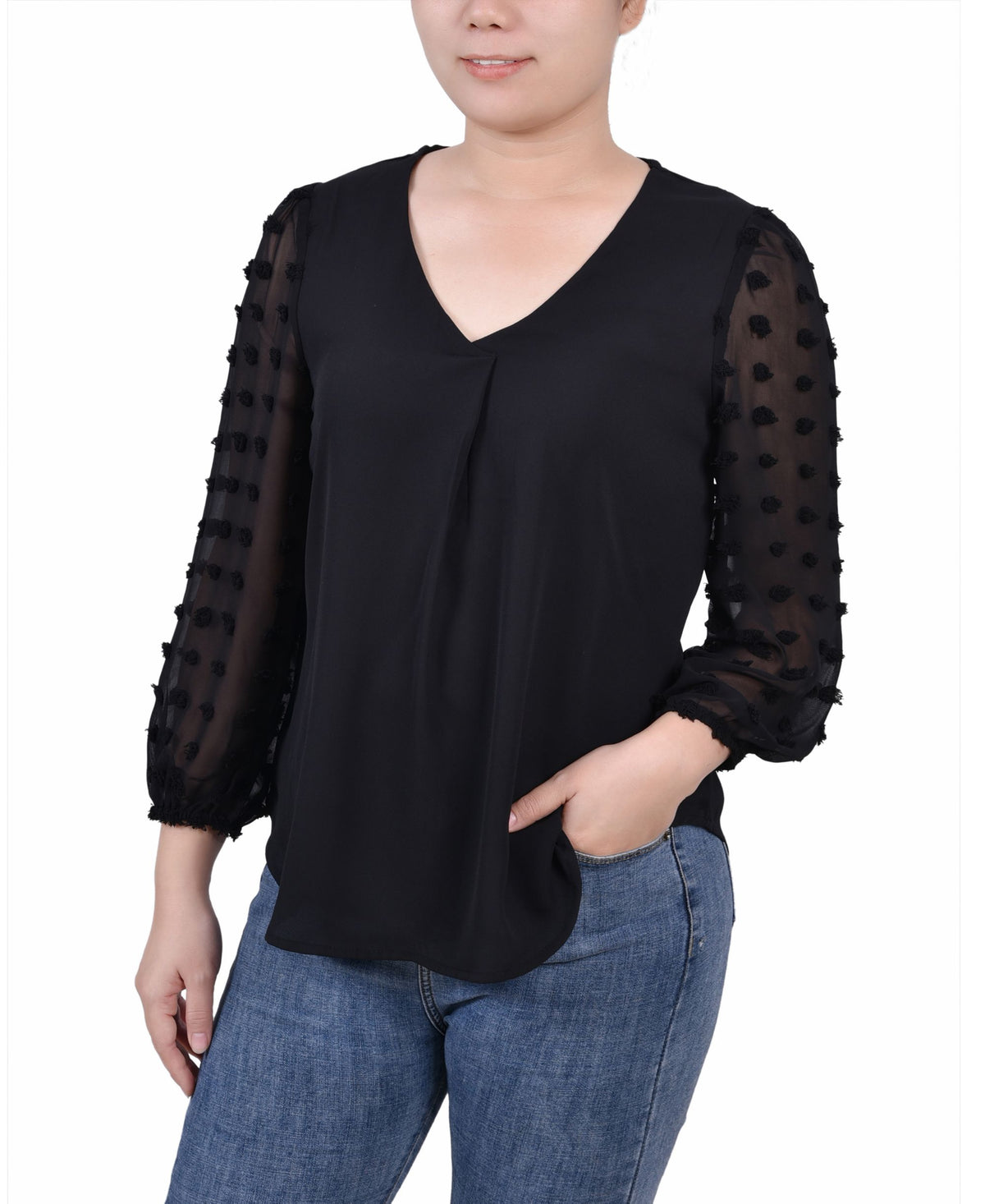 Petite V-neck Blouse with 3/4 Jacquard Chiffon Sleeves