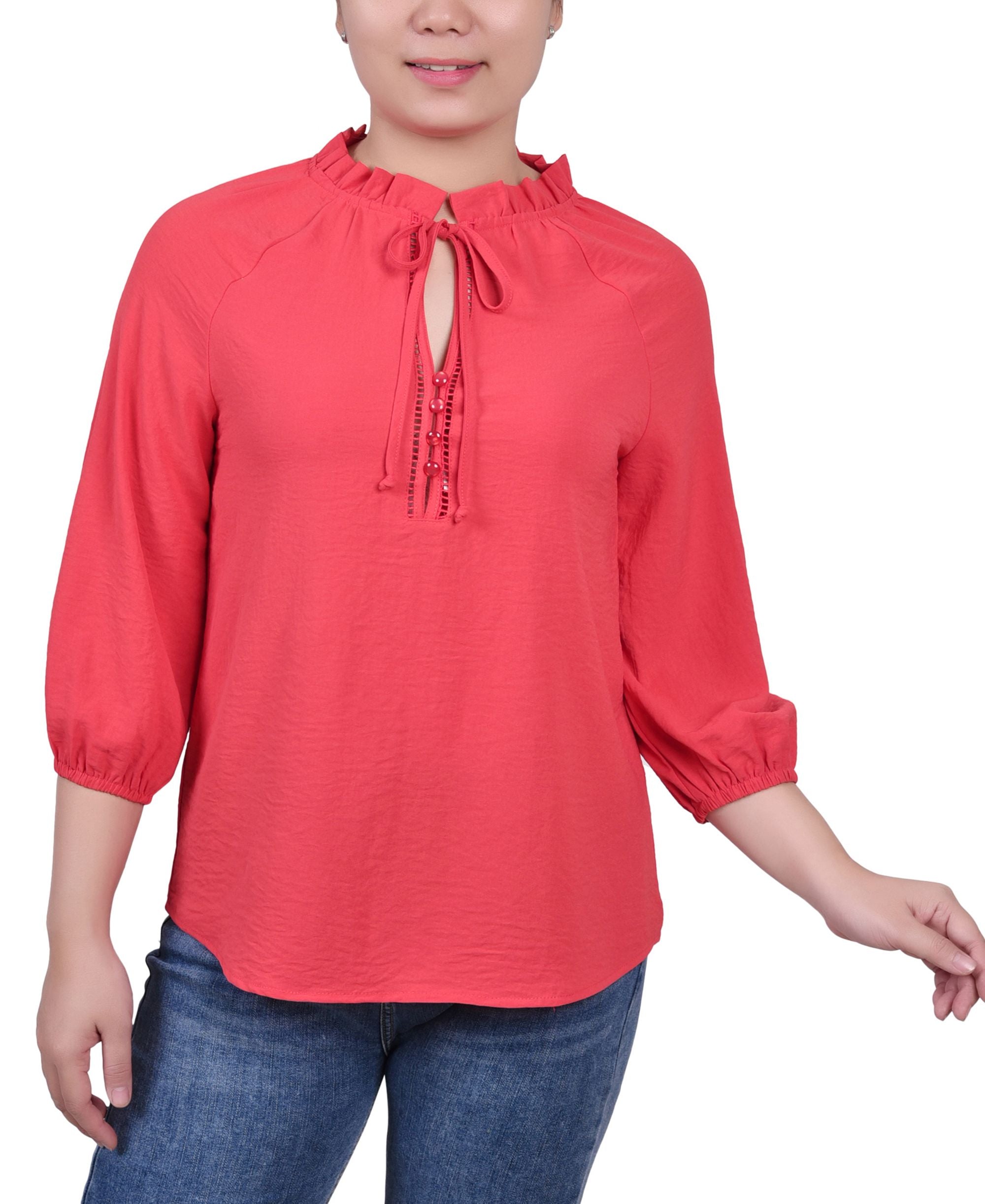 Petite 3/4 Sleeve Ruffle Neck Blouse