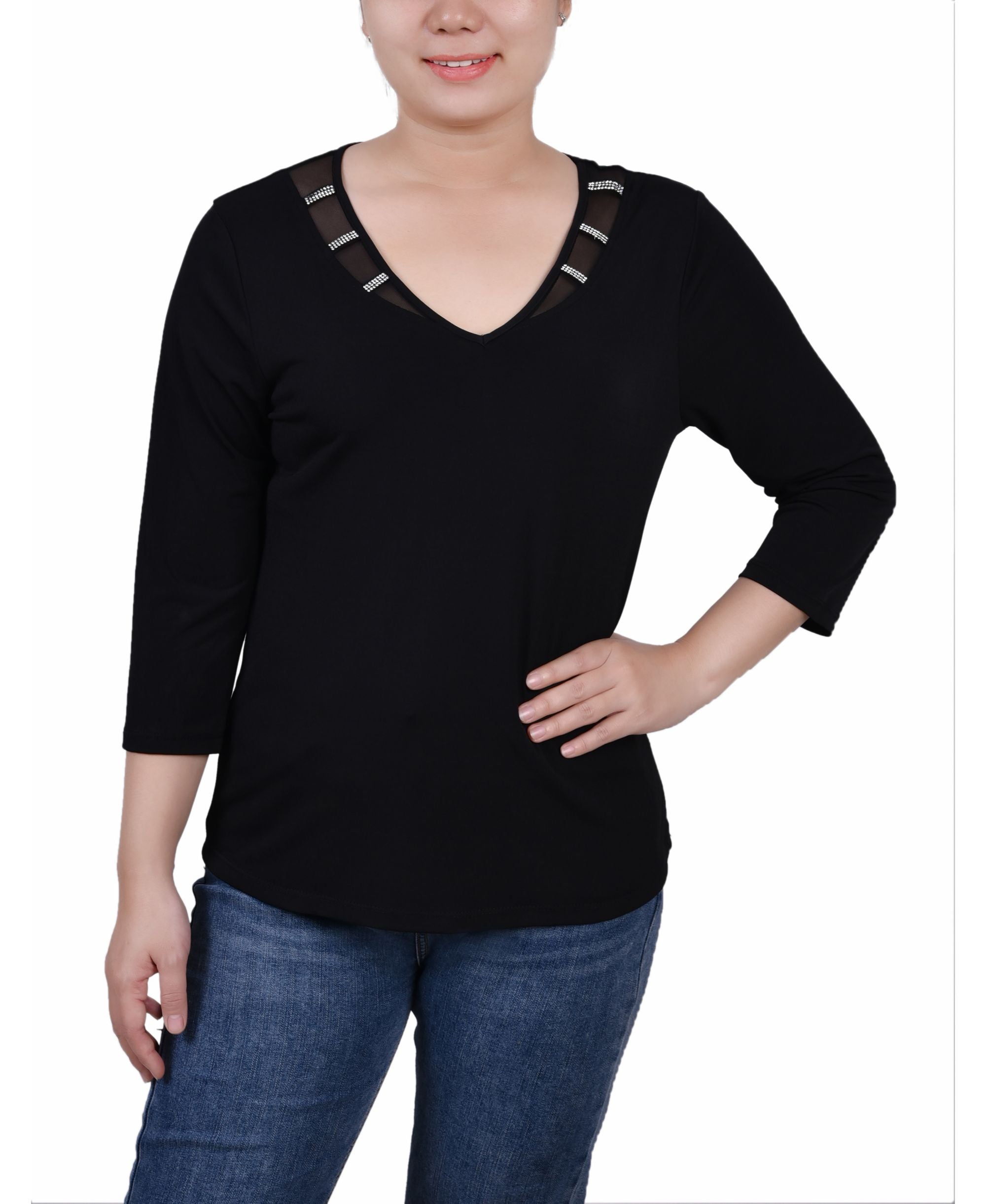 NY Collection Petite 3/4 Sleeve Top With Illusion Neckline Stones