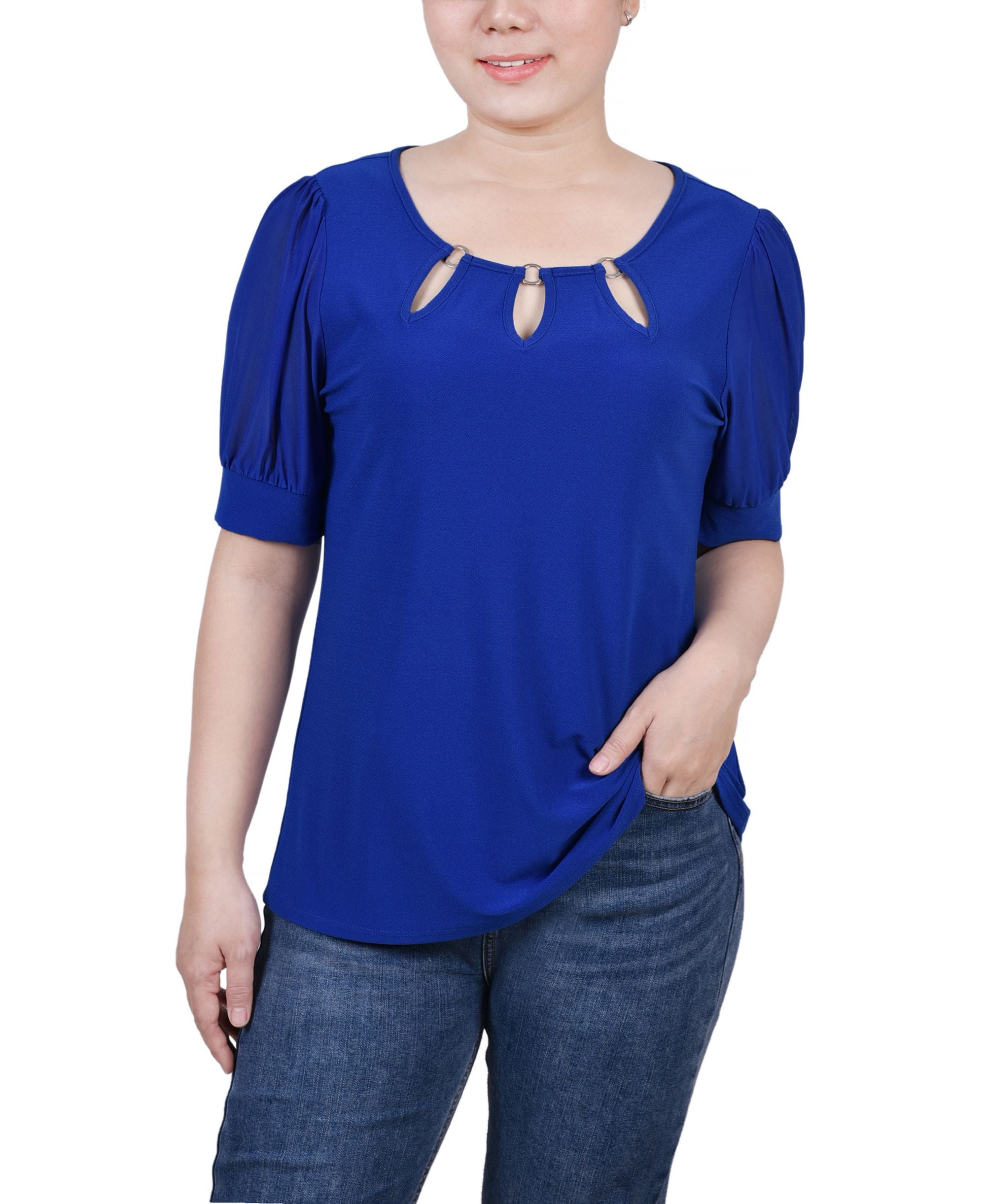 NY Collection Petite Short Sleeve Three Ring Top