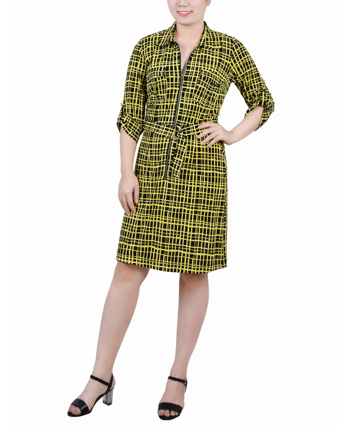 Petite Belted Roll Tab Zip Front Shirtdress