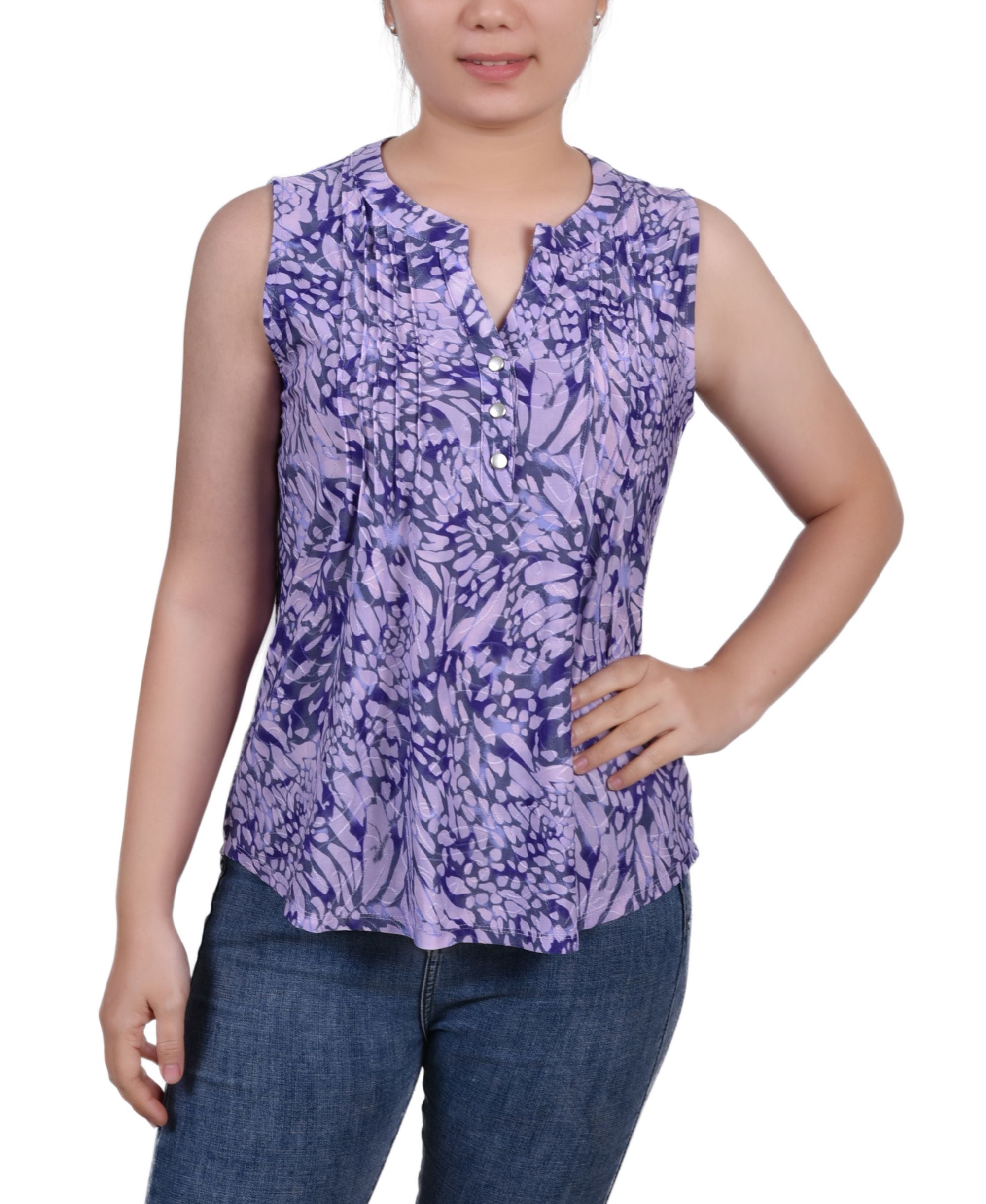 NY Collection Petite Sleeveless Jacquard Y Neck Top