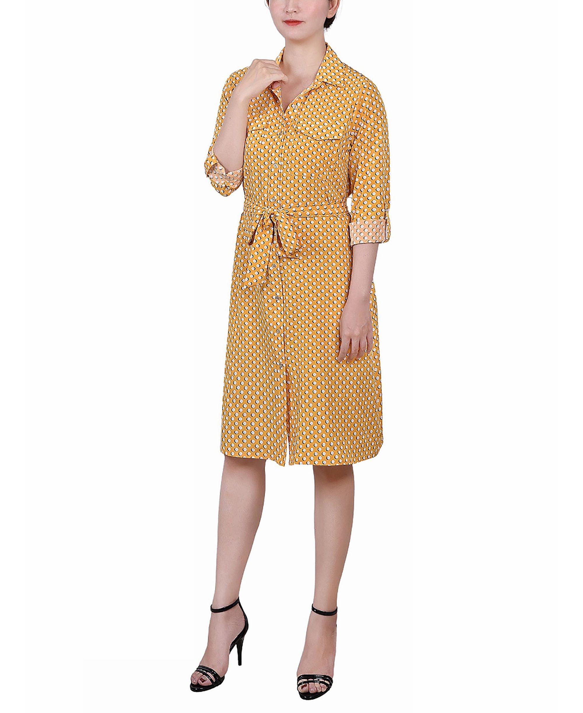 Petite Printed Long Sleeve Roll Tab Shirtdress