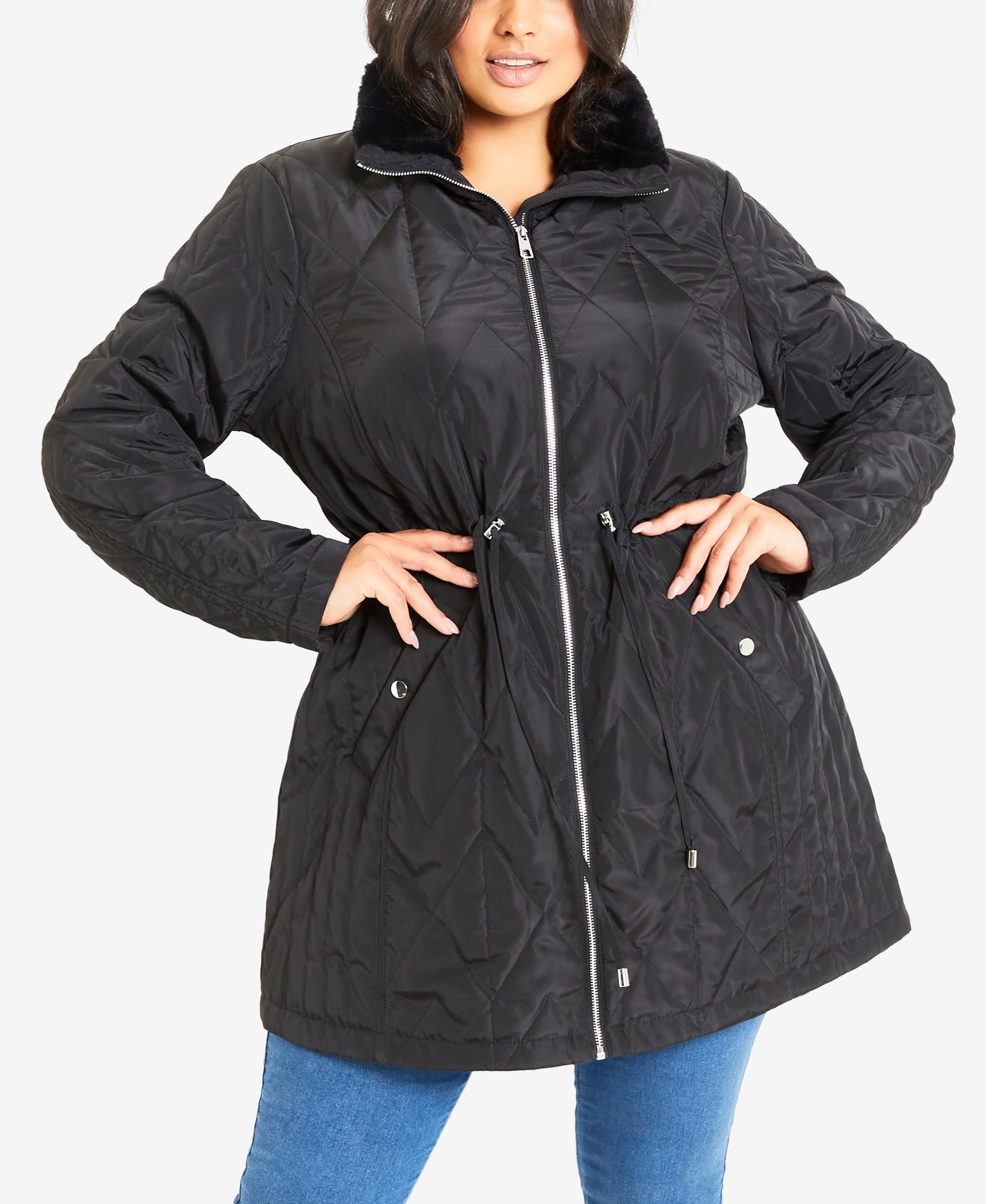 Plus Size Faux Fur Collar Padded Coat