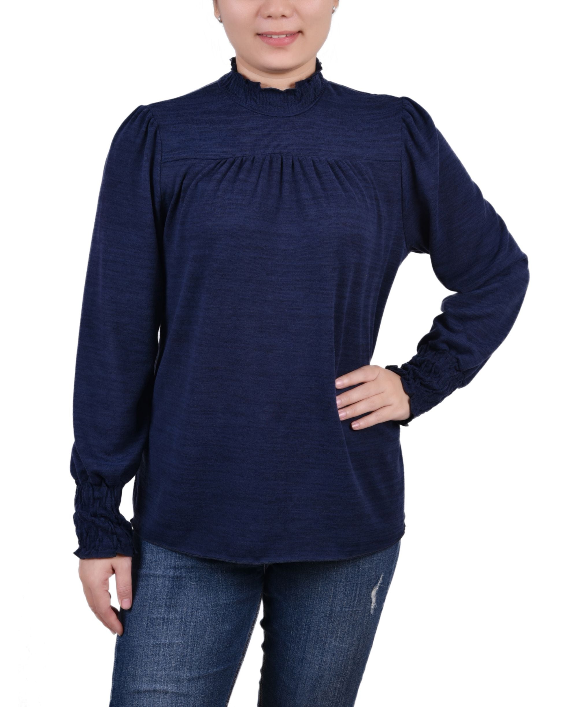NY Collection Petite Long Sleeve With Smocking Details Top