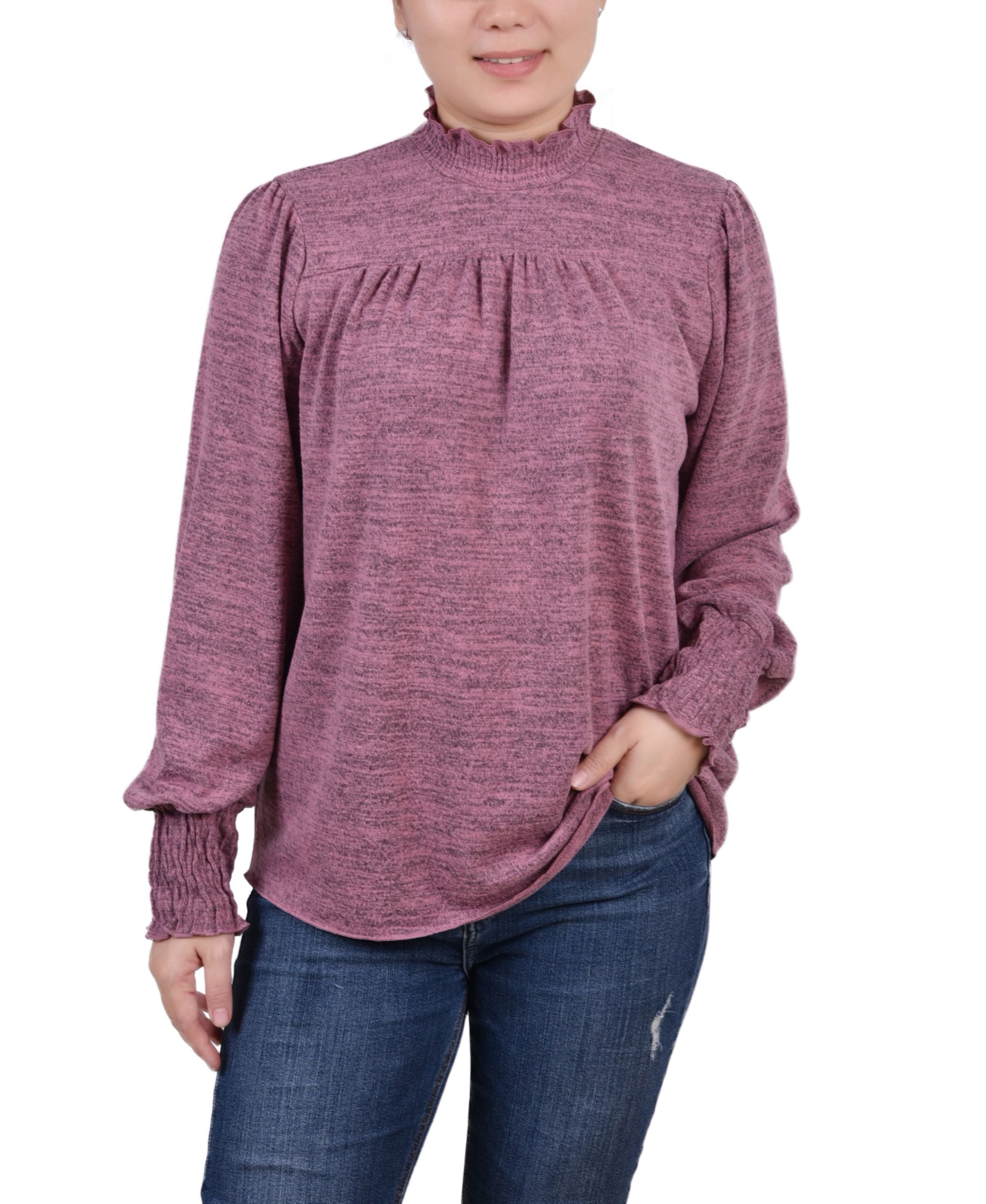 NY Collection Petite Long Sleeve With Smocking Details Top