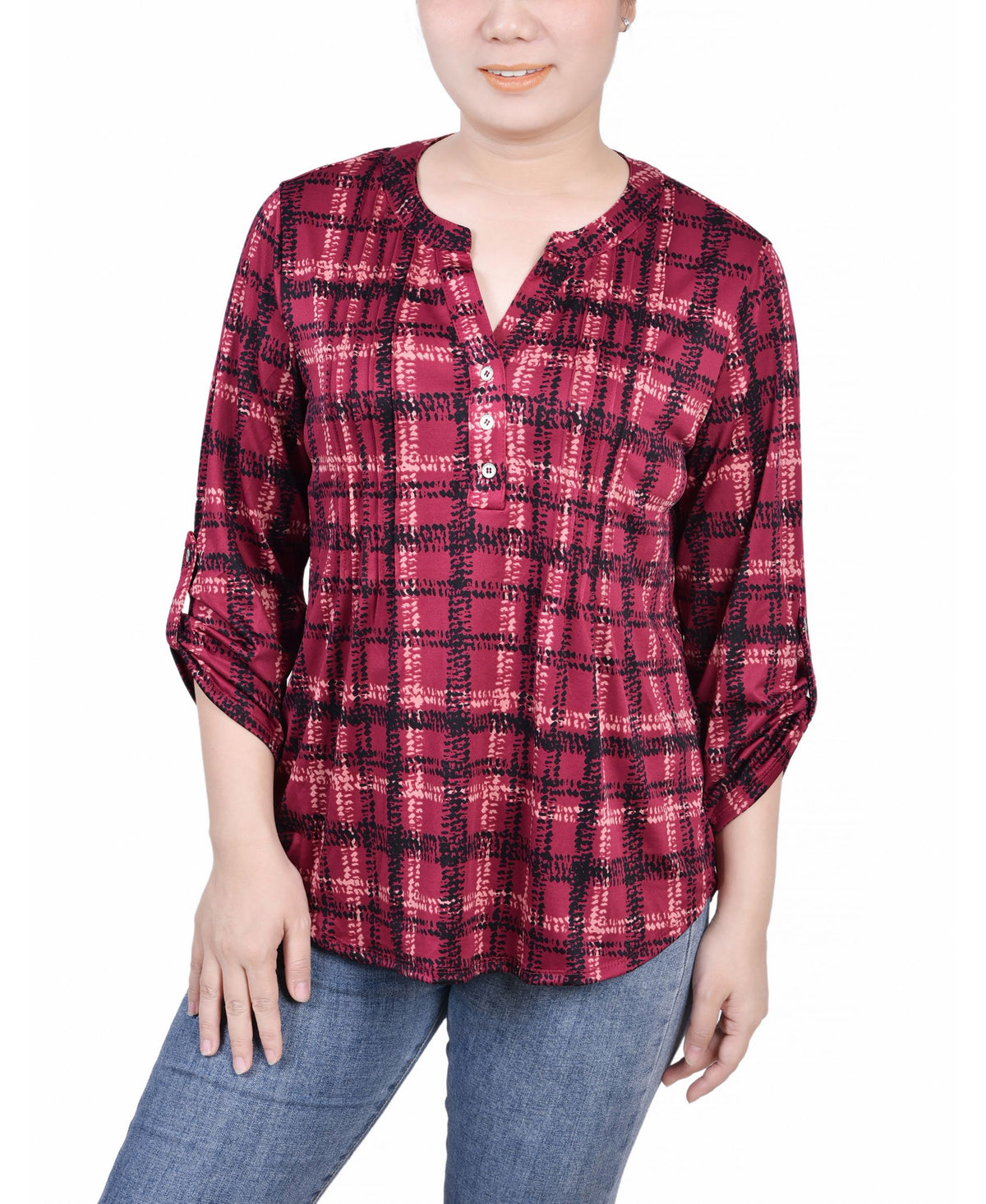 Petite 3/4 Roll Tab Sleeve Y-neck Top