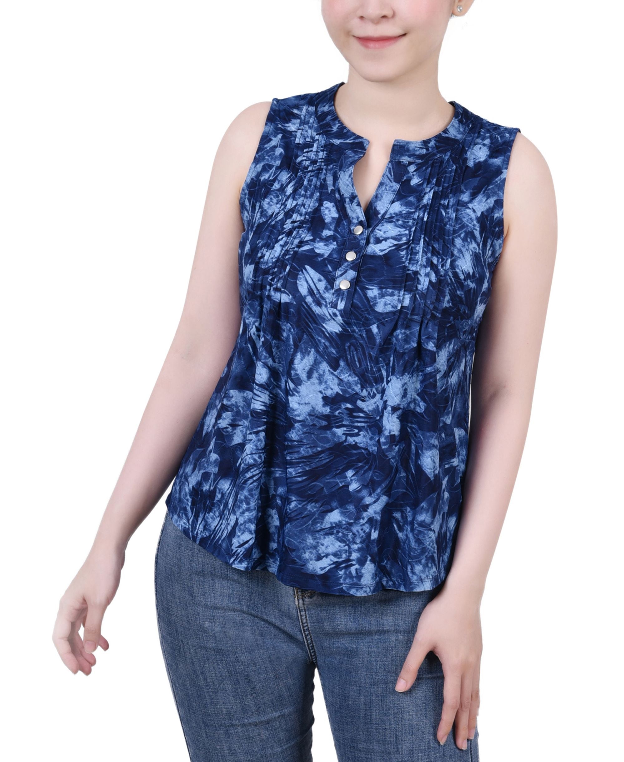 NY Collection Petite Sleeveless Jacquard Y Neck Top