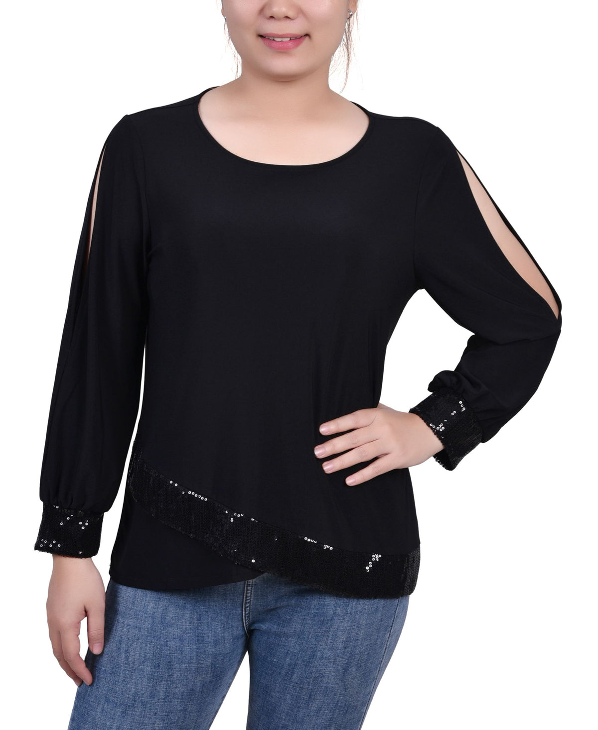 NY Collection Petite Long Sleeve Knit Top With Sequin Hem
