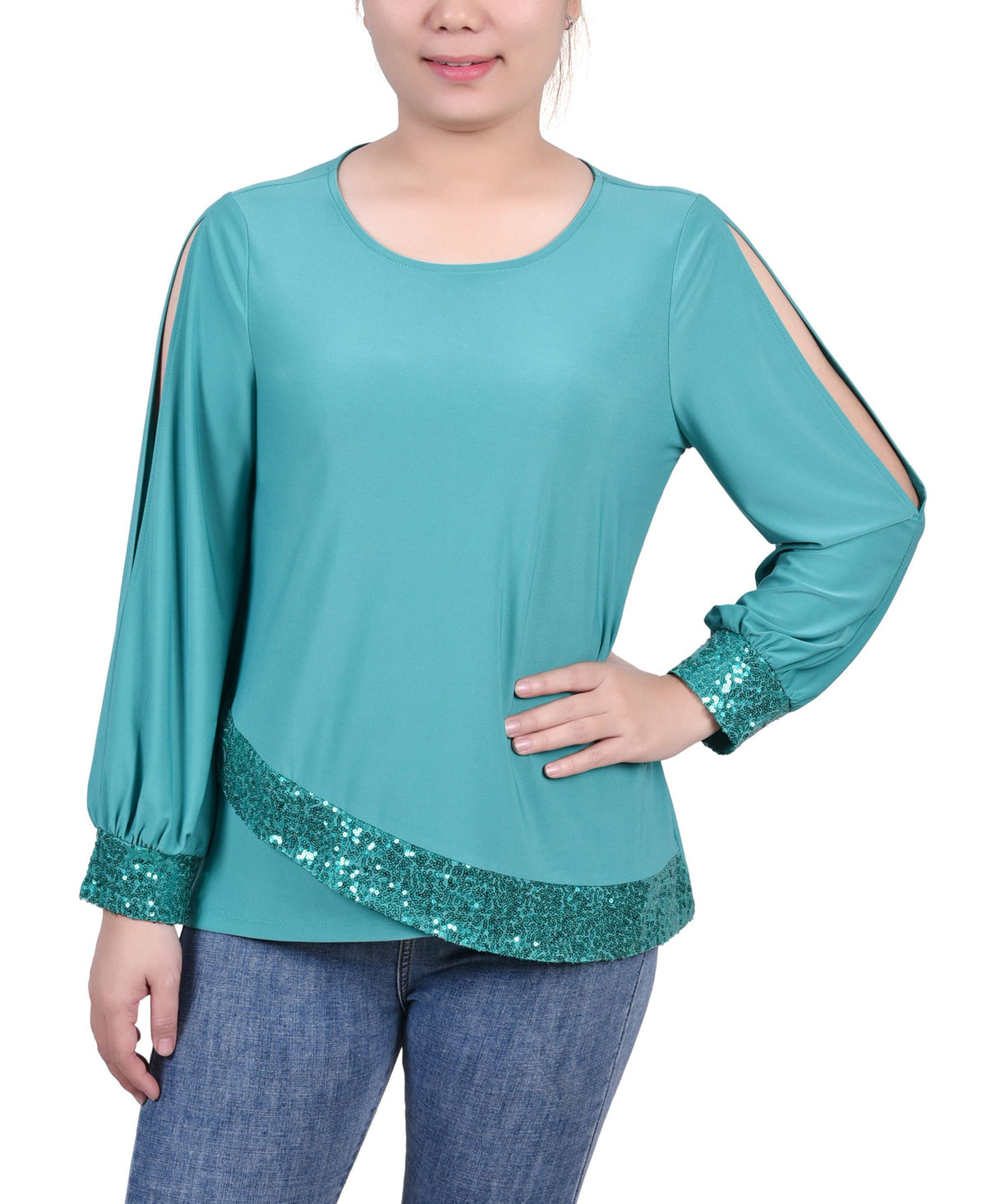 NY Collection Petite Long Sleeve Knit Top With Sequin Hem