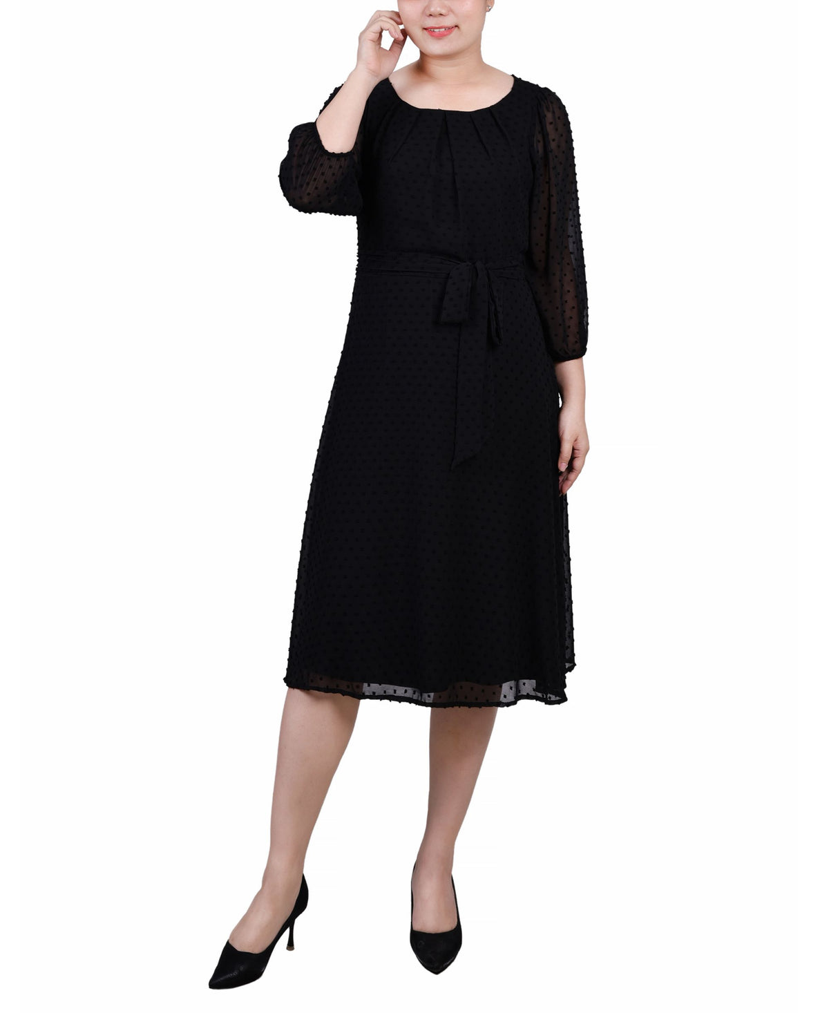 Petite 3/4 Sleeve Clip Dot Dress