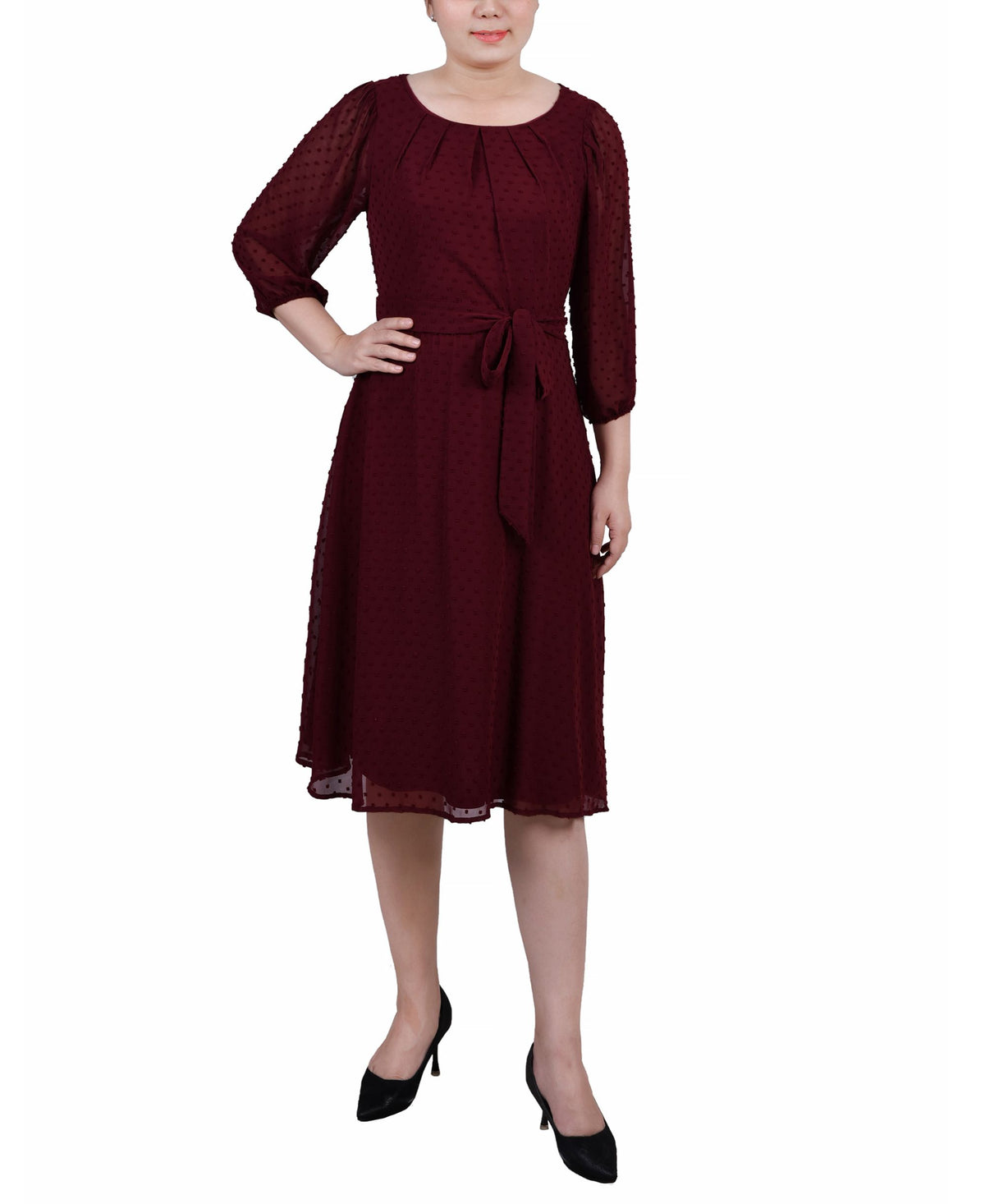 Petite 3/4 Sleeve Clip Dot Dress
