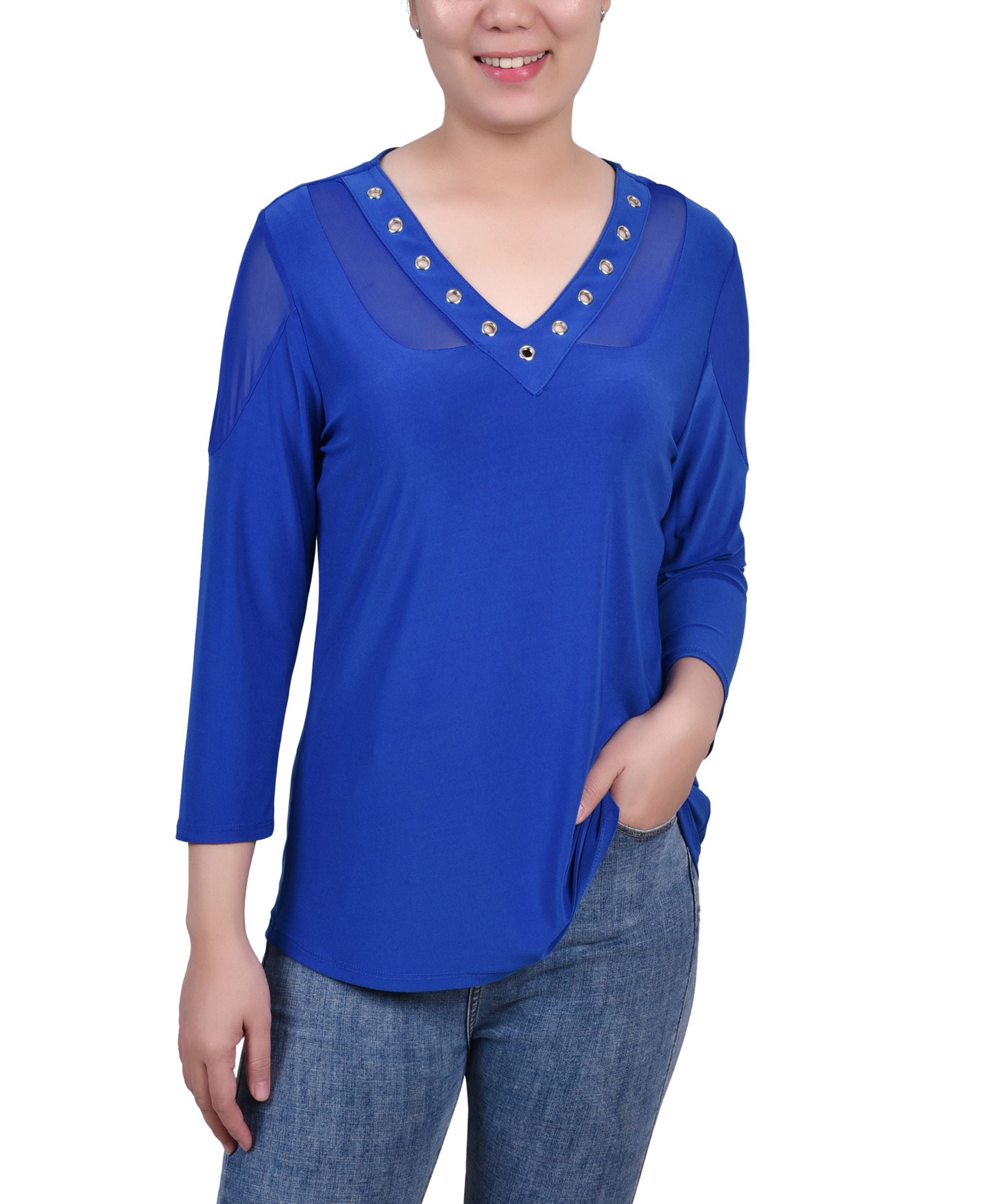 NY Collection Petite Long Sleeve Top With Mesh Insets