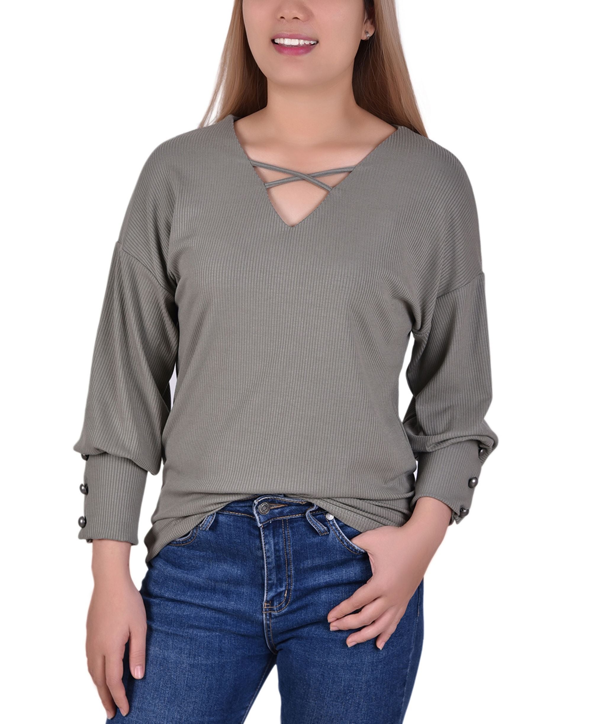 NY Collection Petite Long Sleeve Criss Cross Neck Pullover Top