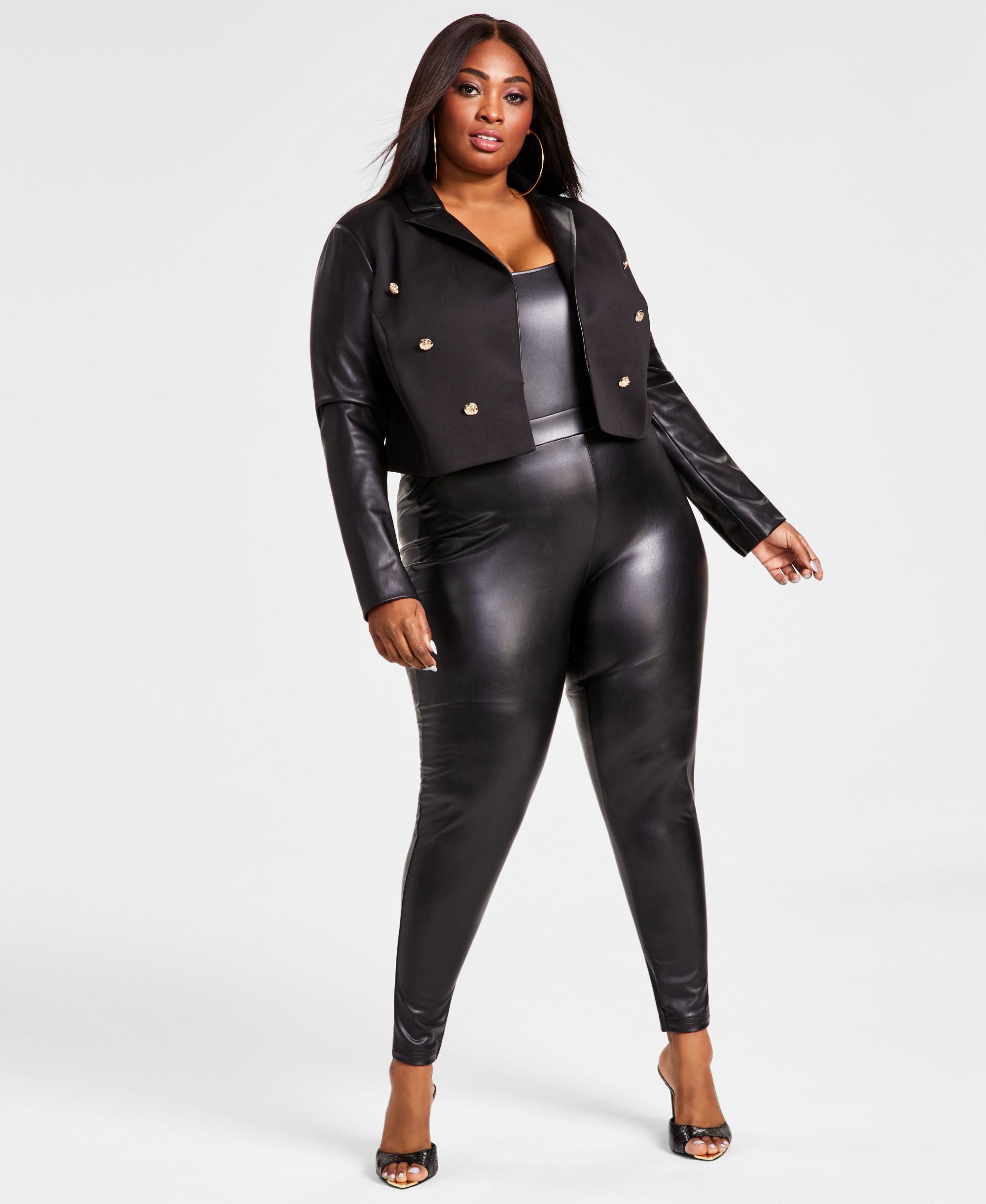 Plus Size Pleather Double-Breasted Cropped Blazer