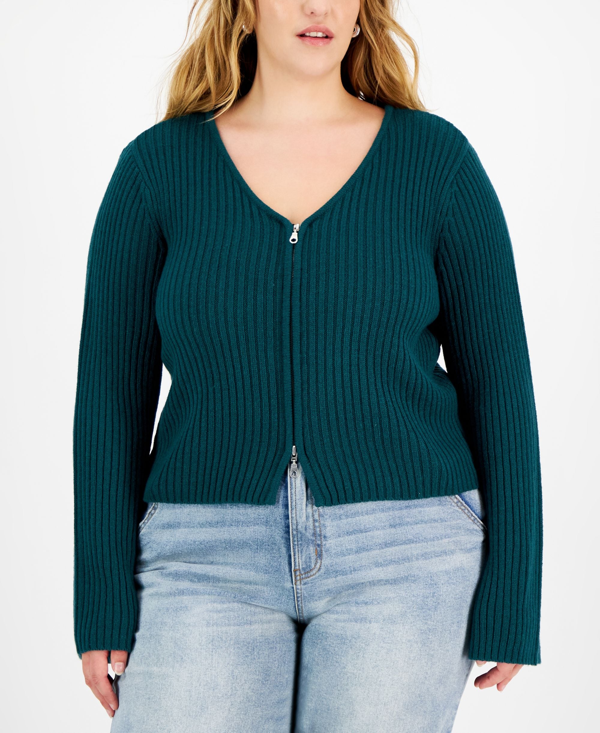 Trendy Plus Size V-Neck Zip-Up Sweater