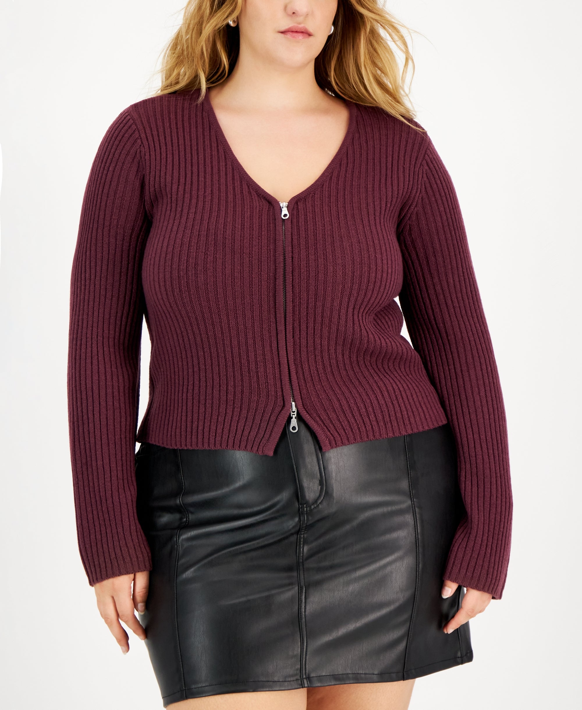 Trendy Plus Size V-Neck Zip-Up Sweater