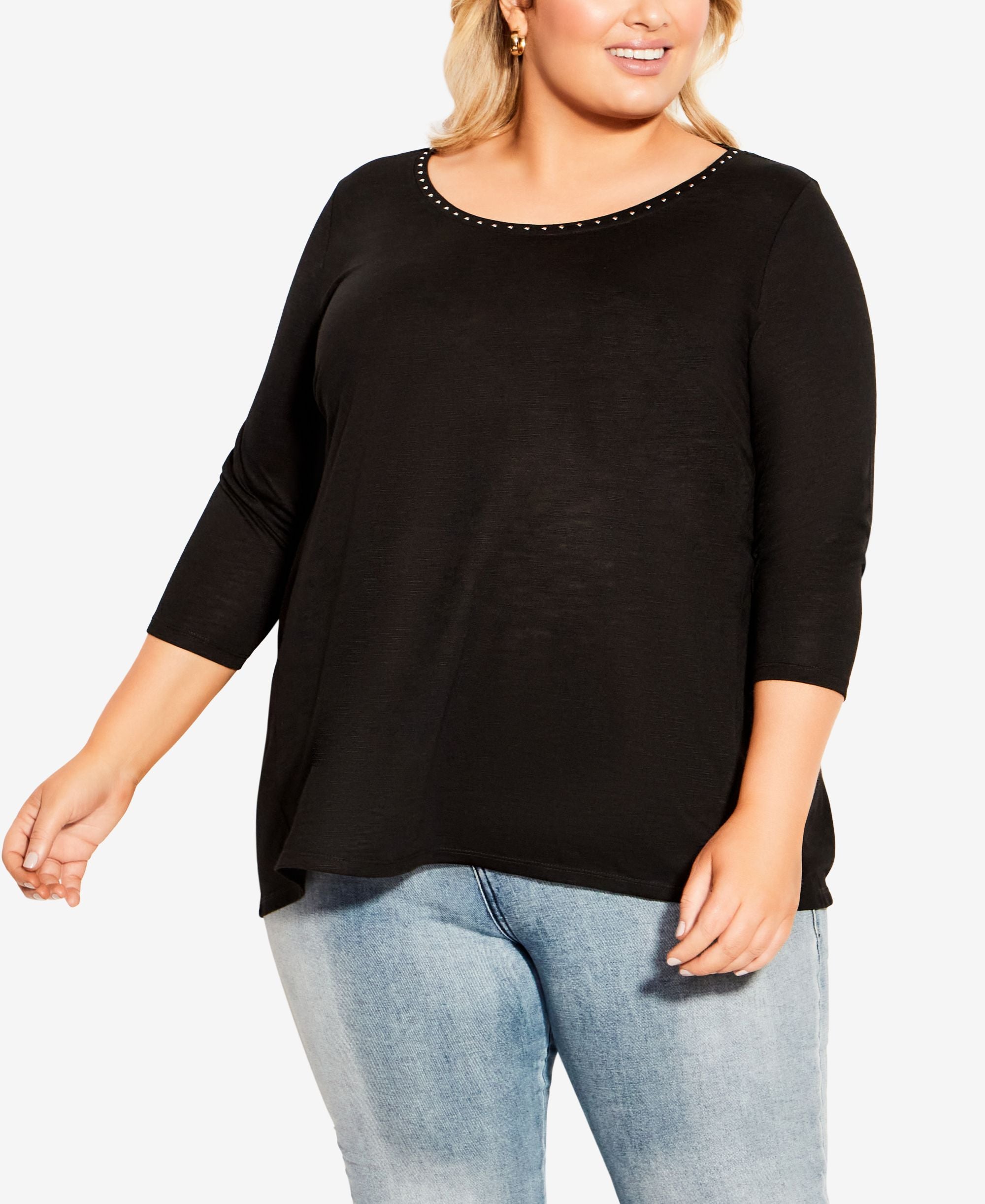 Avenue Plus Size 3/4 Sleeve Swing Trim Top