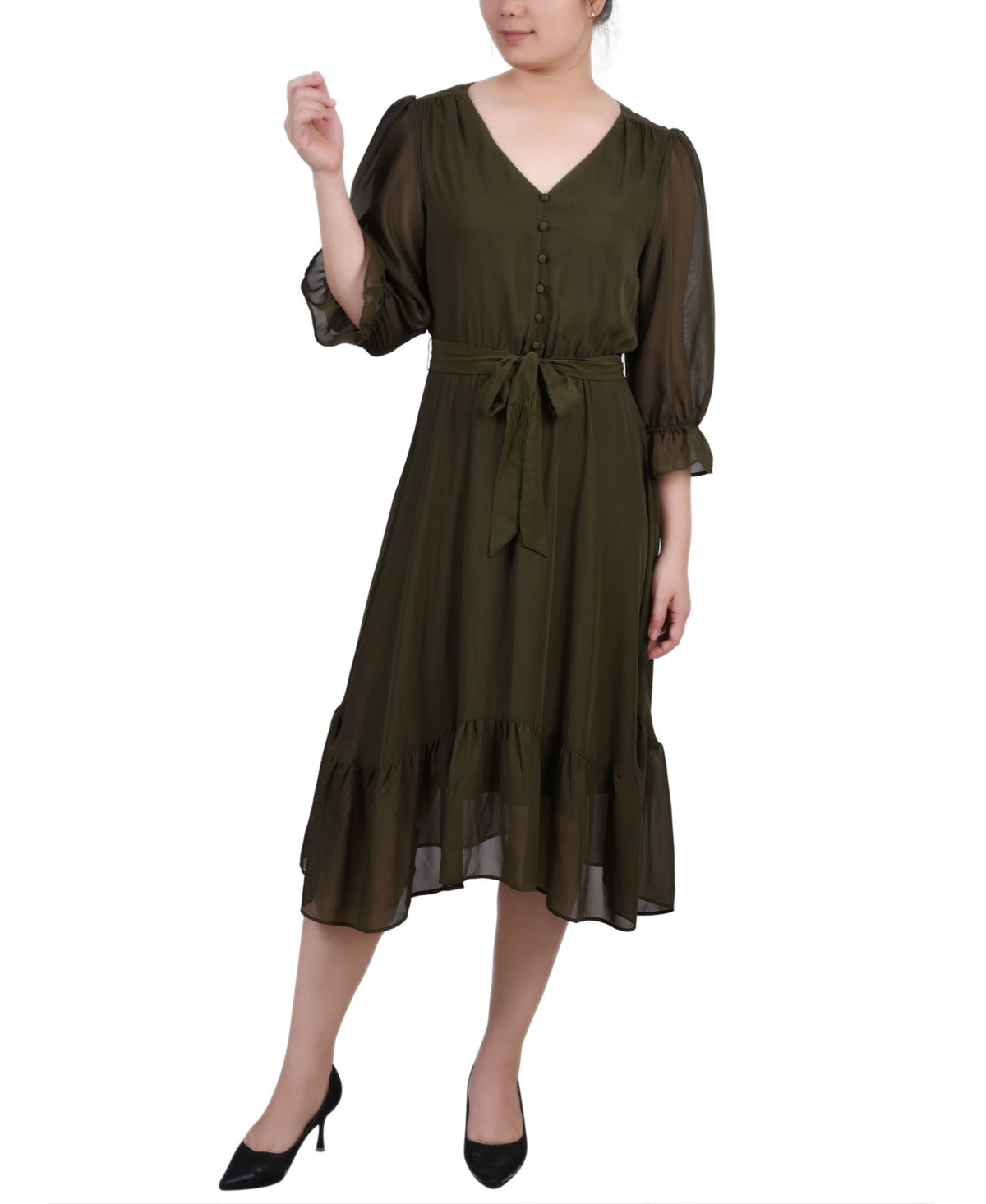 NY Collection Petite 3/4 Sleeve V Neck Flounced Dress