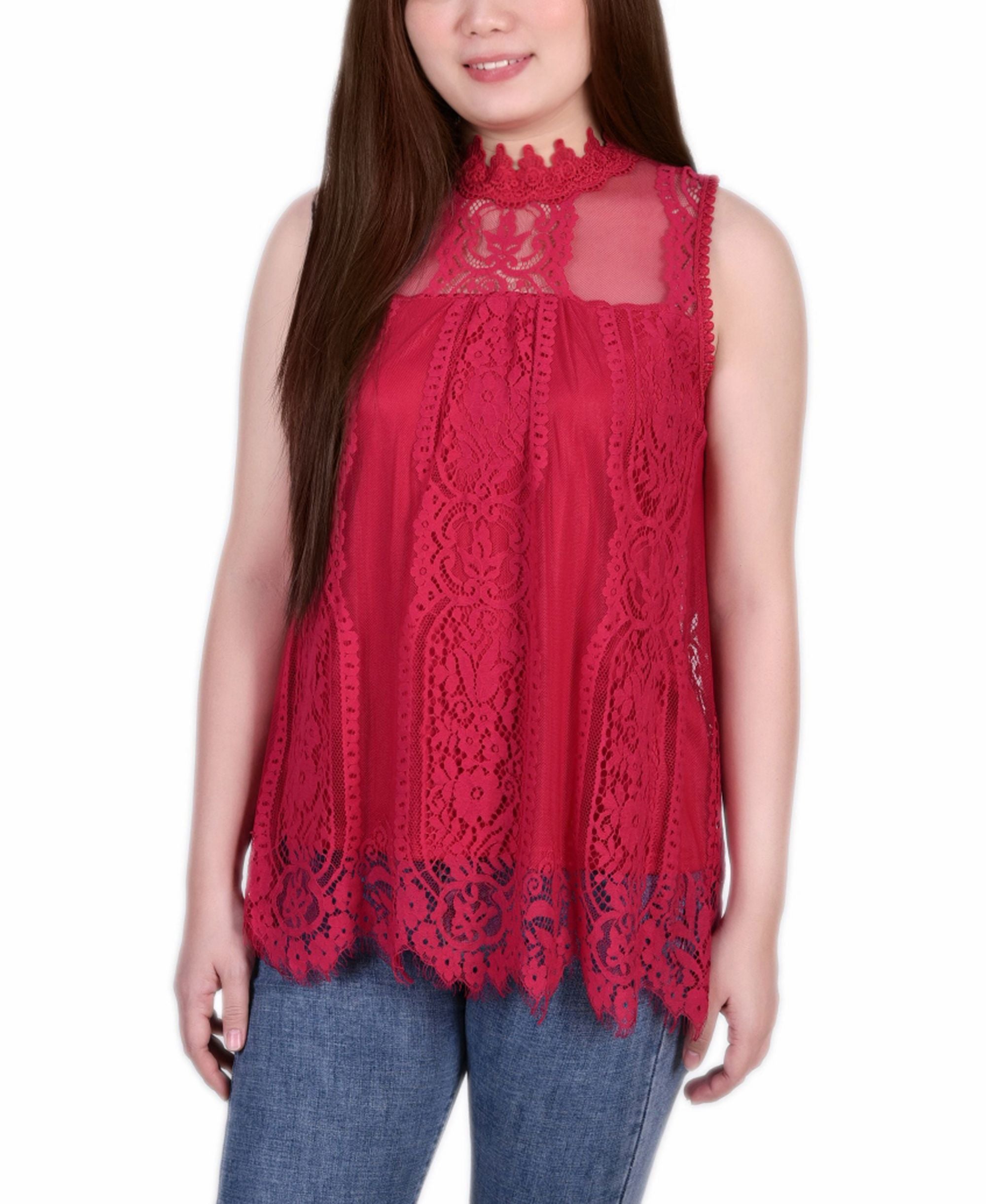 NY Collection Petite Lace Mock Neck Top