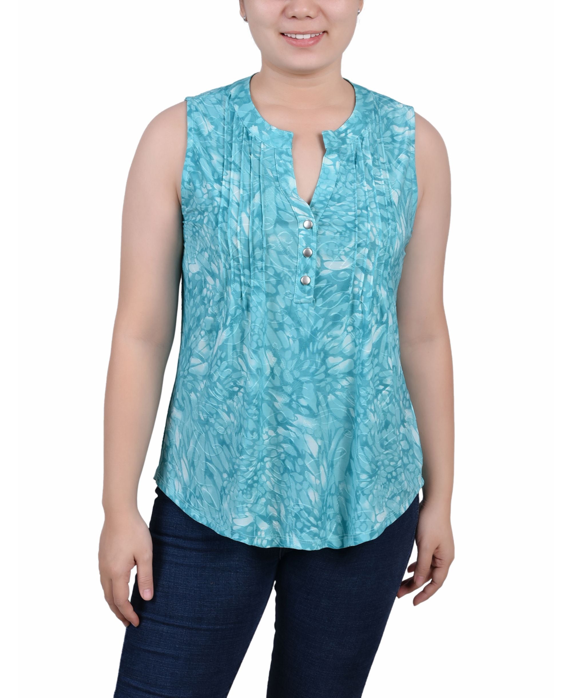 NY Collection Petite Sleeveless Jacquard Y Neck Top