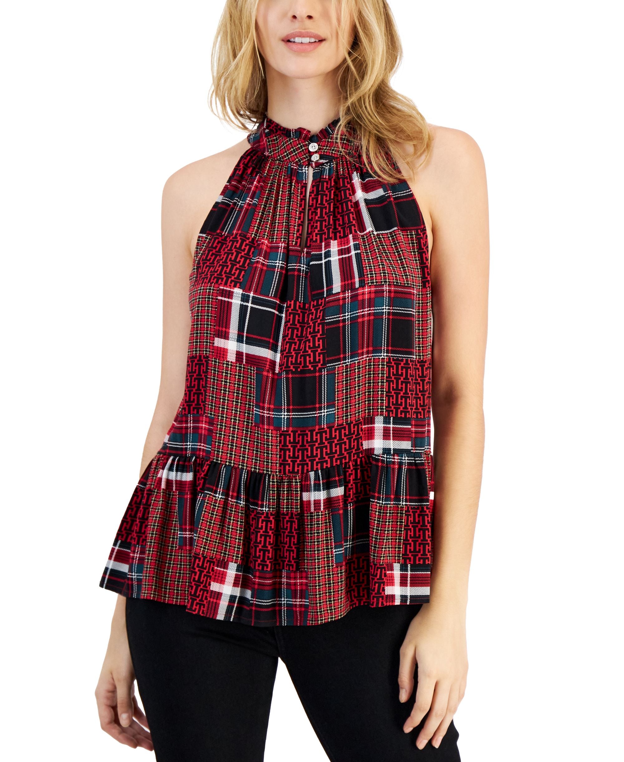 Women's High-Neck Plaid Peplum-Hem Top