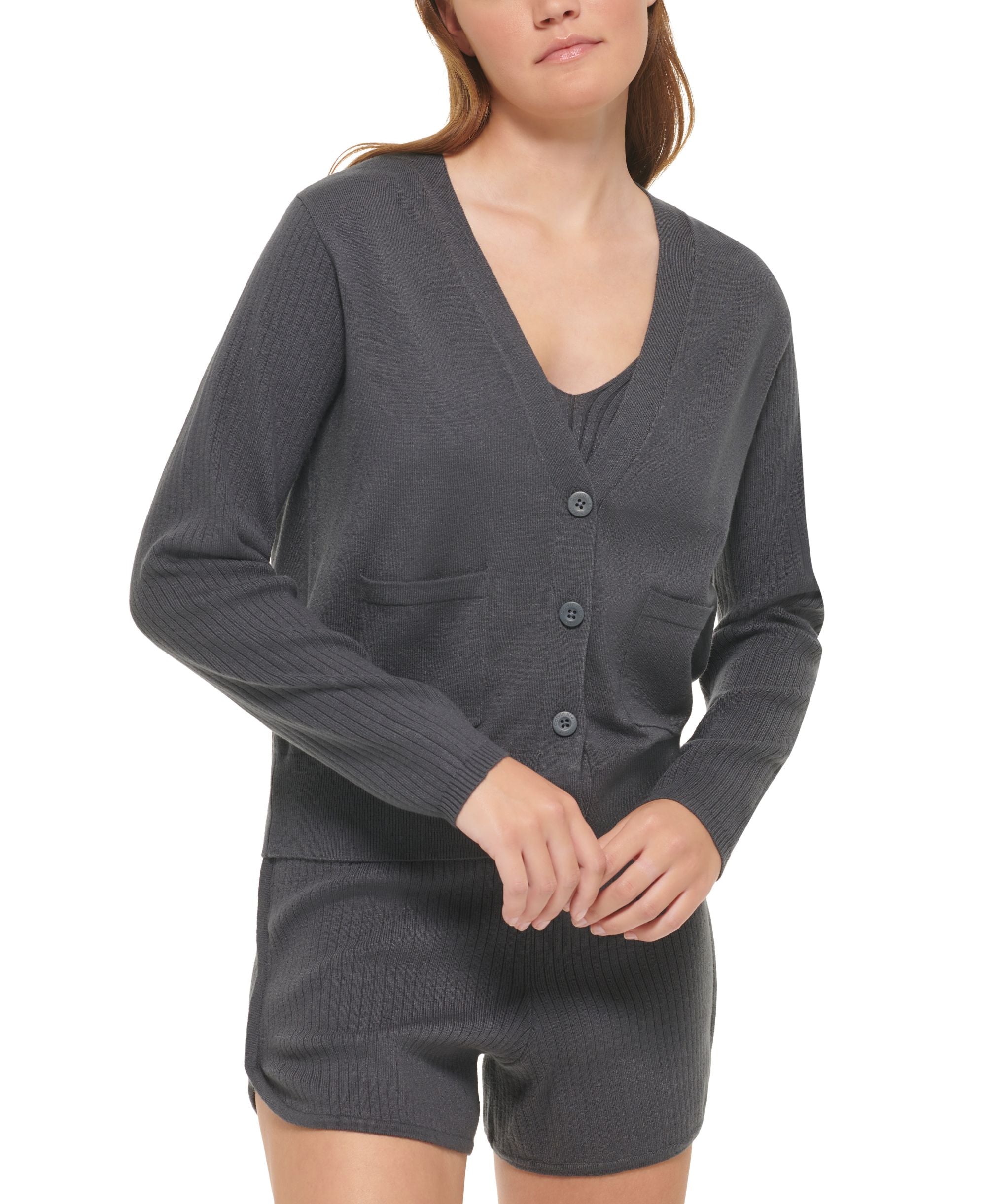 Women's Ribbed-Sleeve Button-Front Cardigan