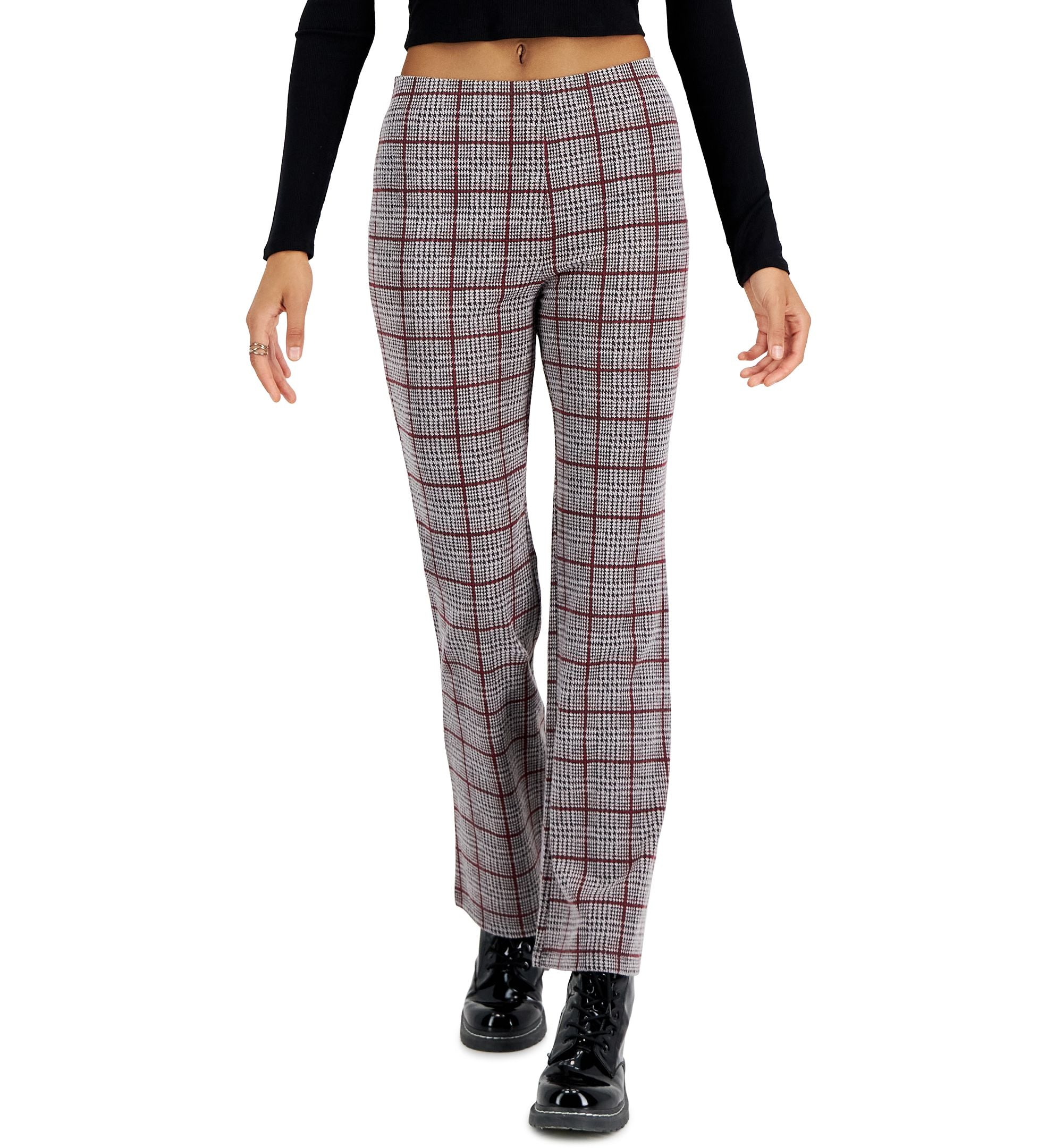 Juniors' Plaid Jacquard Flared-Leg Pants