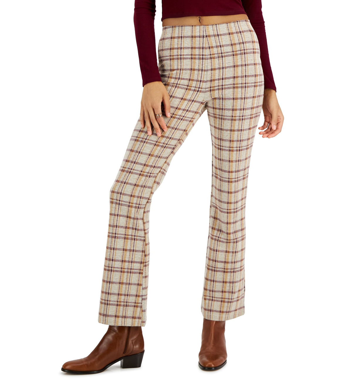 Juniors' Plaid Jacquard Flared-Leg Pants