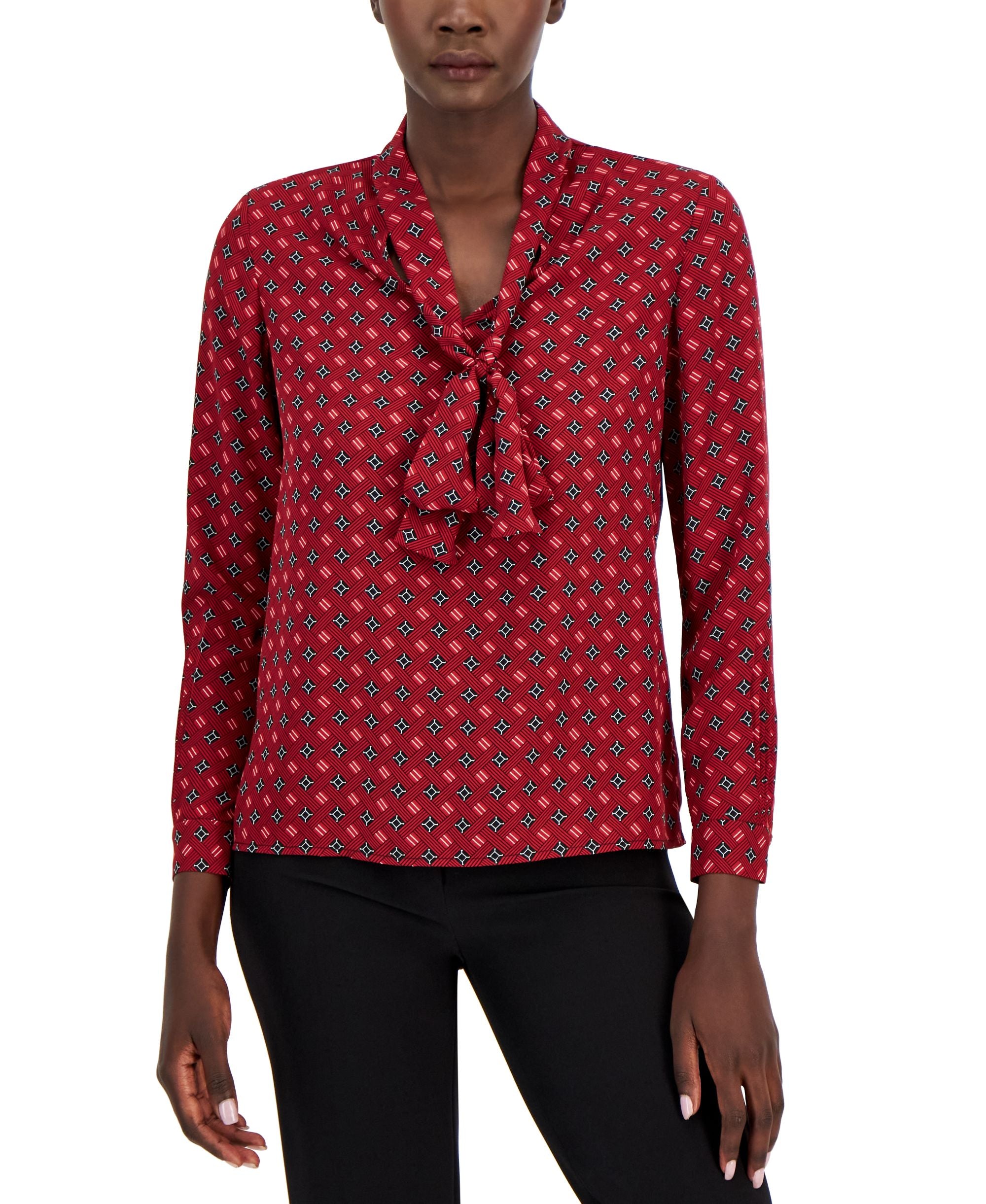 Anne Klein Womens Printed Satin Twill Tie Neck Blouse