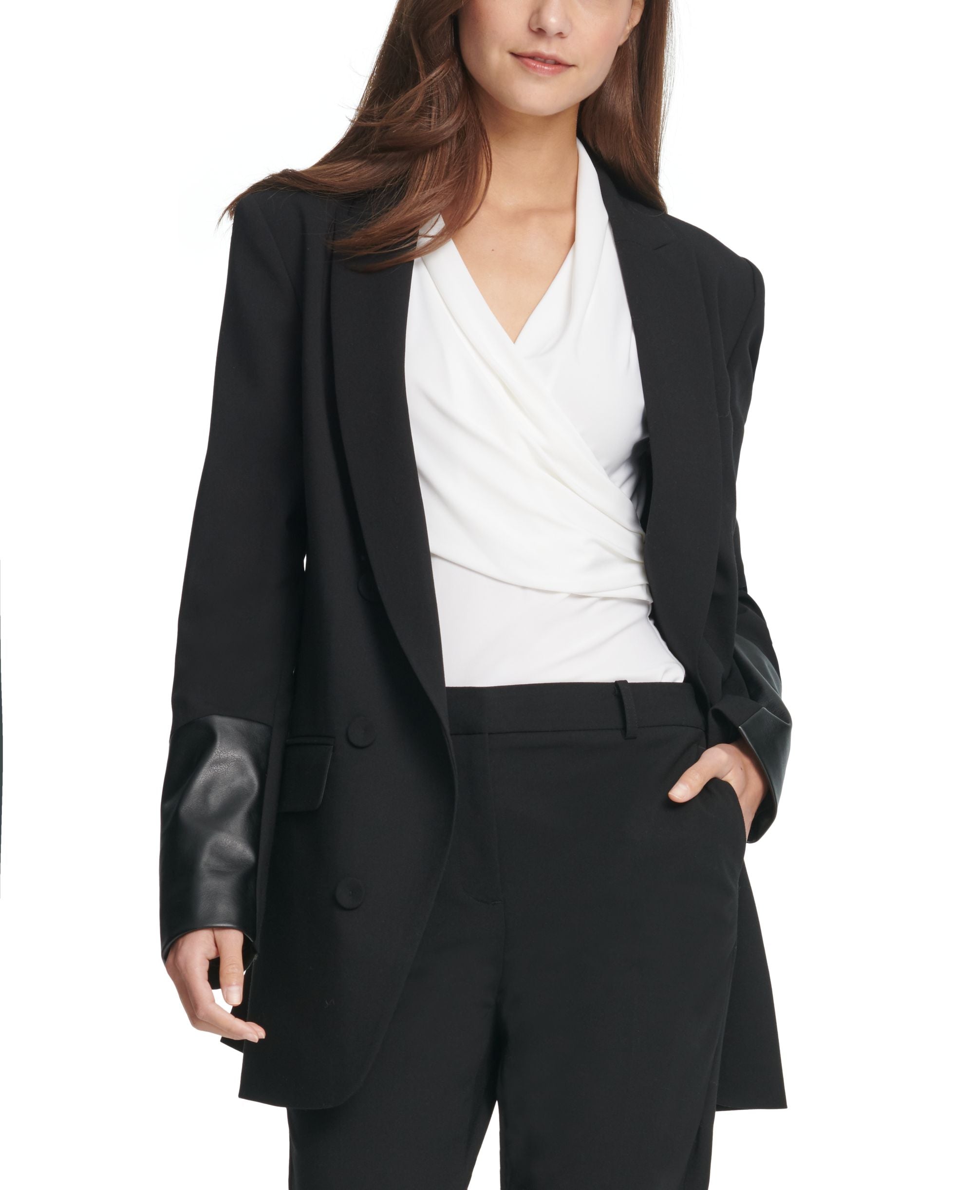 Faux Leather Cuff Double Breasted Blazer