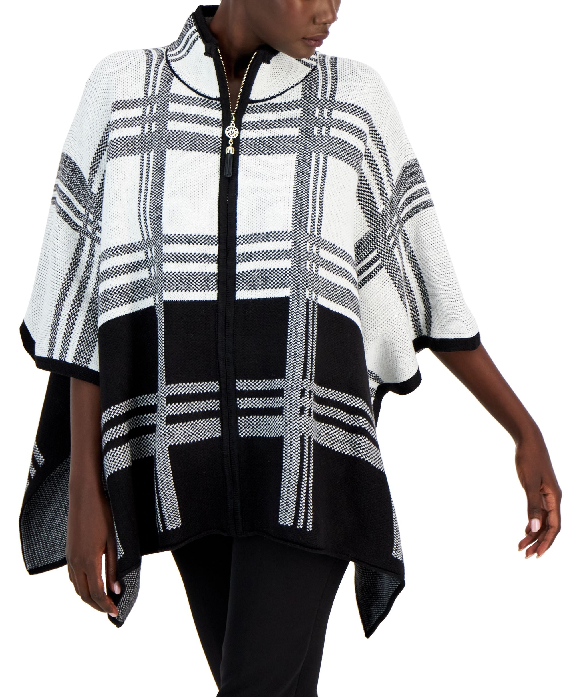 Petite Plaid Mock-Neck Zippered Poncho