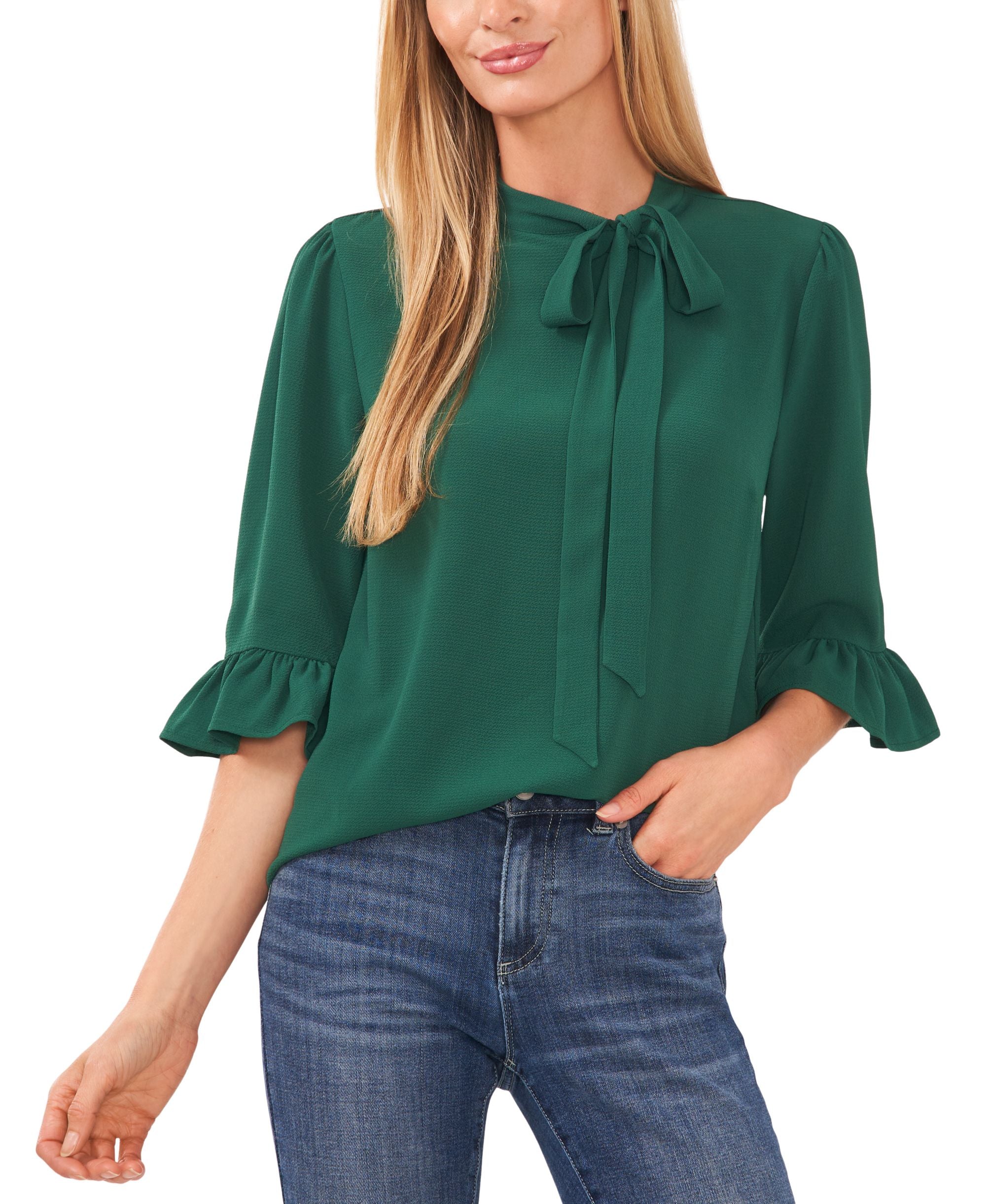 Women's Ruffled Elbow-Sleeve Tie-Neck Blouse