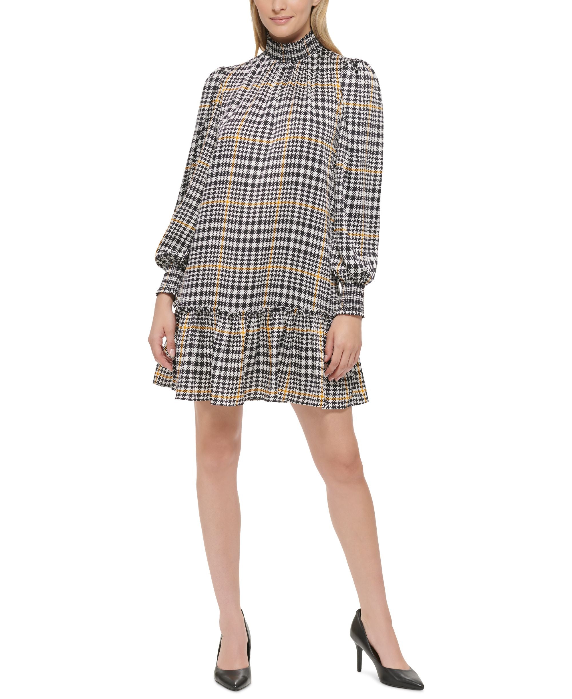 Karl Lagerfeld Paris Womens Plaid Smocked Trim Dress