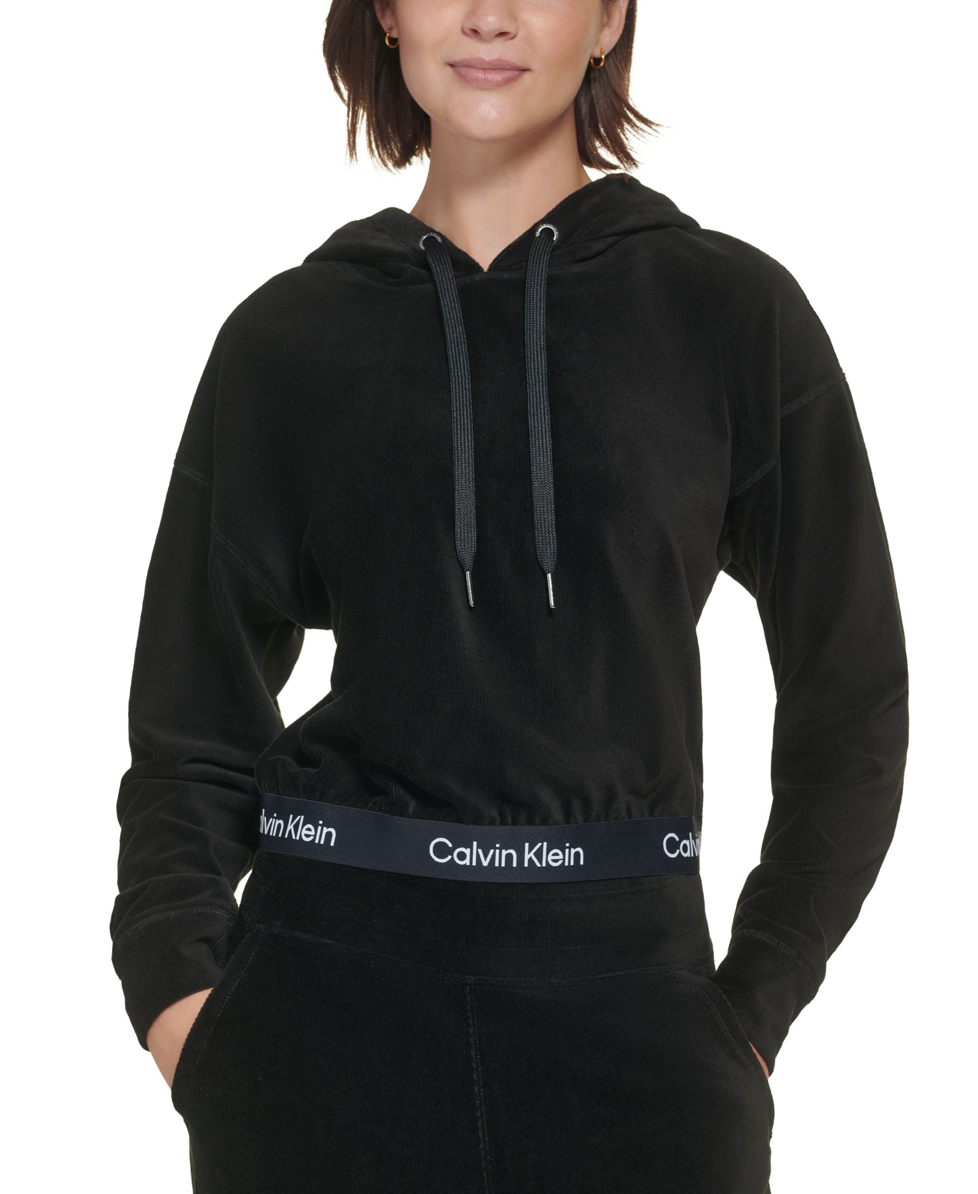 Calvin Klein Performance Womens Logo Elastic Long Sleeve Pullover Velour Hoodie